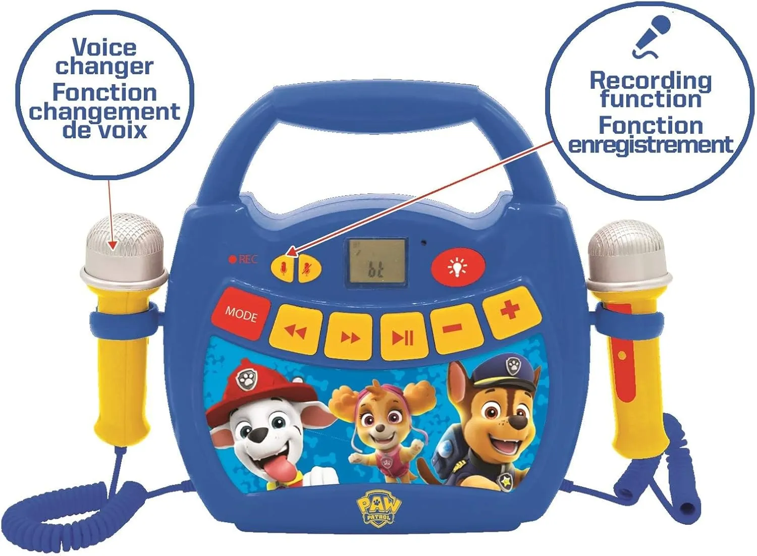 Lexibook – Paw Patrol - Portable Karaoke Digital Player for Kids – Microphones, Light Effects, Bluetooth, Record and Voice Changer Functions, Rechargeable Battery, Blue/red, MP320PAZ