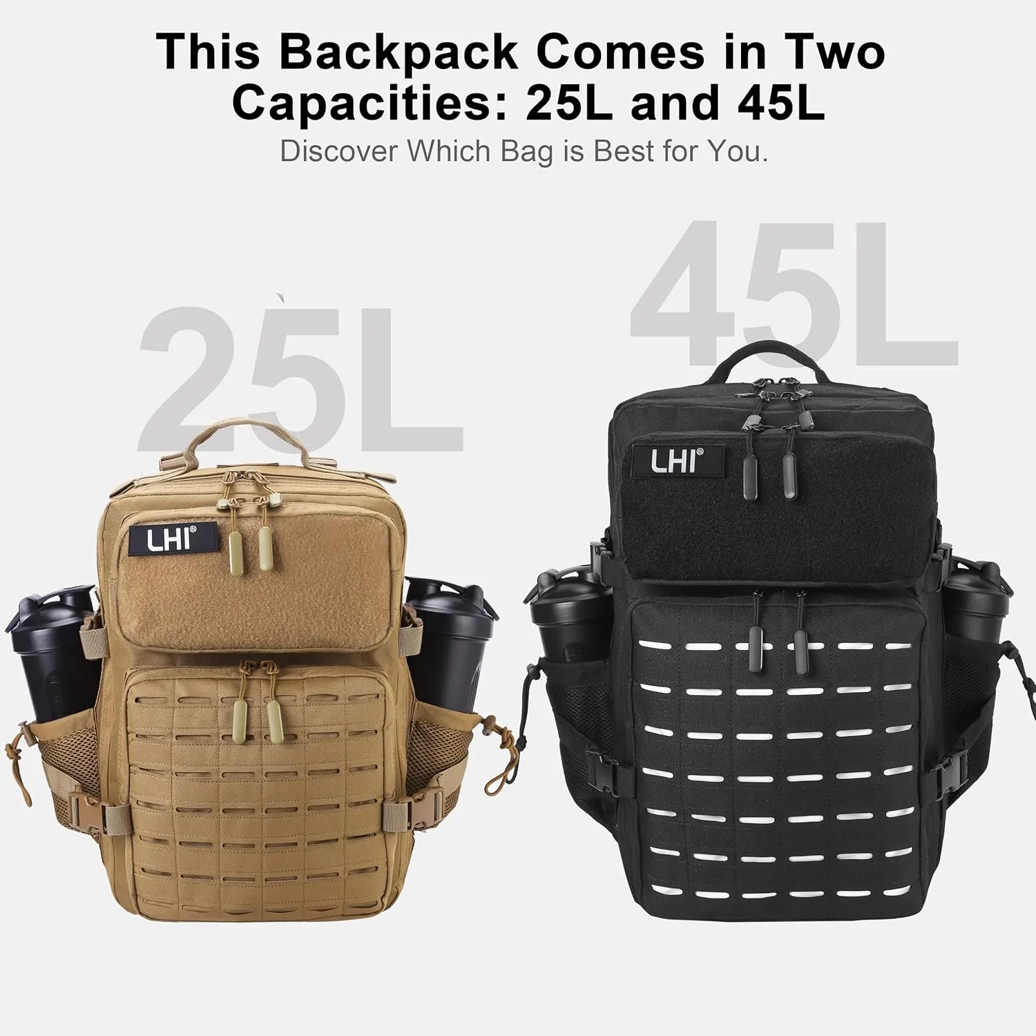 LHI Tactical Military Backpack for Men 25L/45L Large Molle Army Assault Pack 3 Day Hiking Rucksack With Bottle Holder