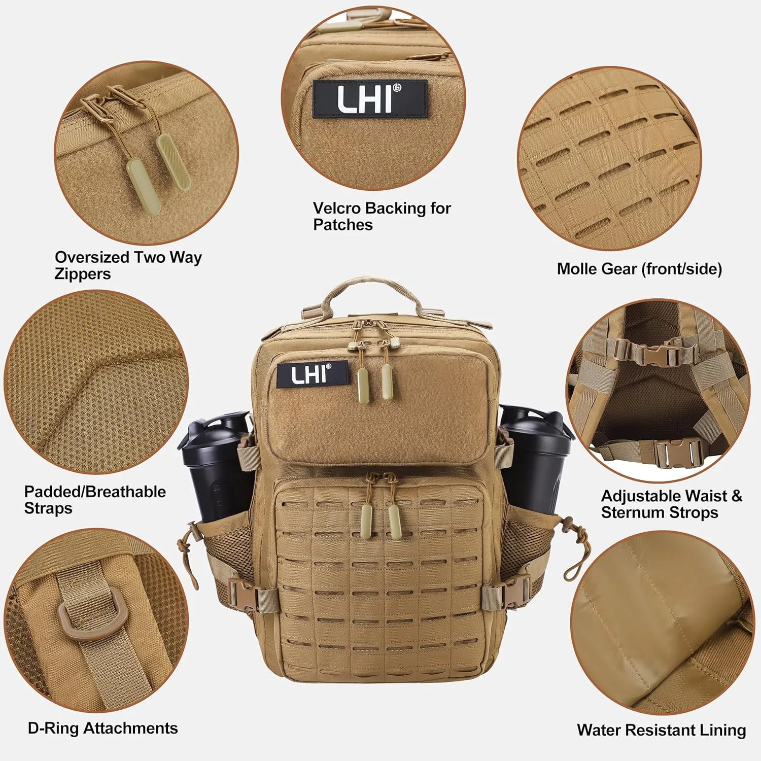 LHI Tactical Military Backpack for Men 25L/45L Large Molle Army Assault Pack 3 Day Hiking Rucksack With Bottle Holder
