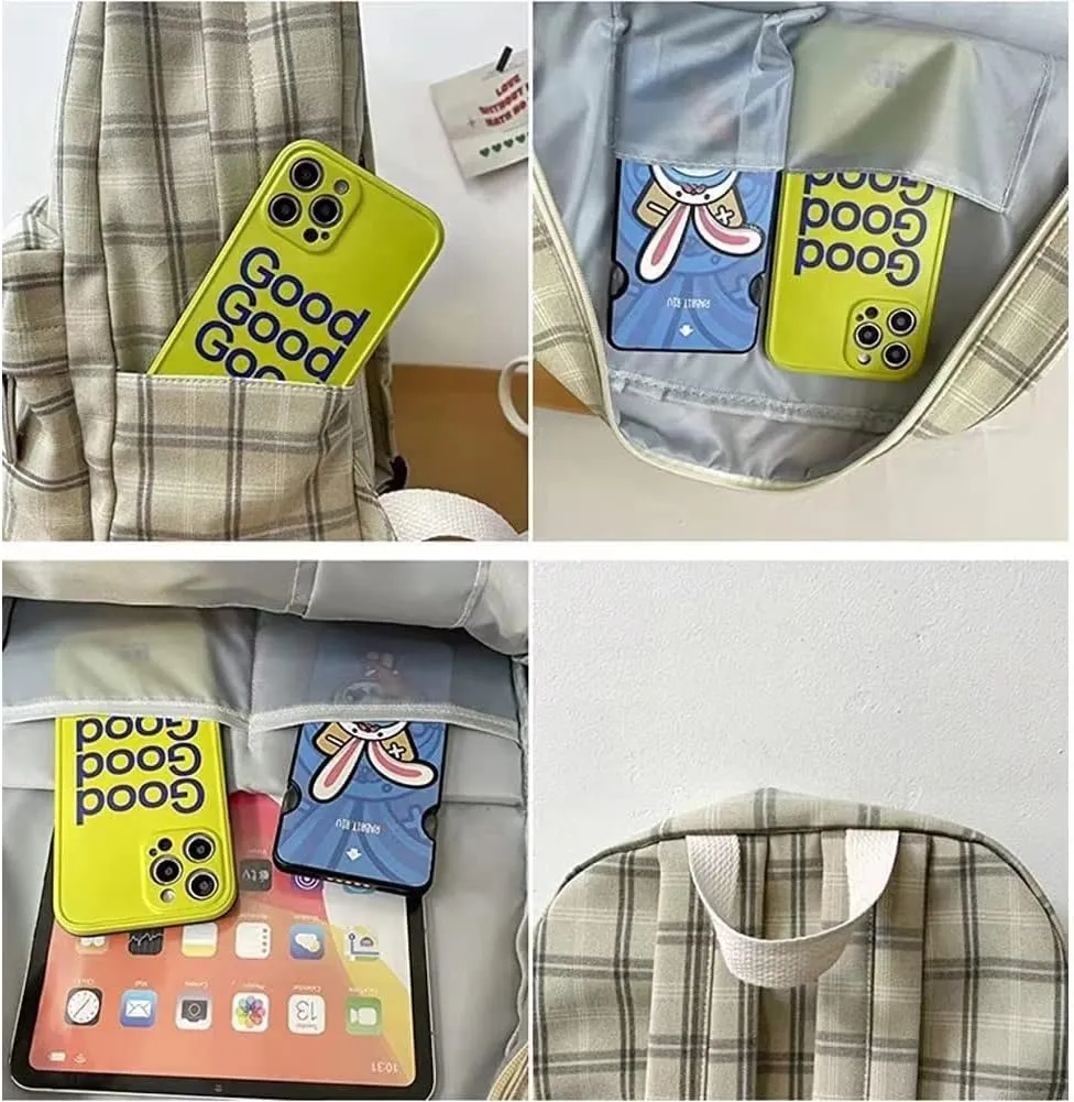 Light Academia Backpack Aesthetic Plaid Preppy Laptop Backpack Checkered Rucksack for College Travel Work (One Size,Sage Green)