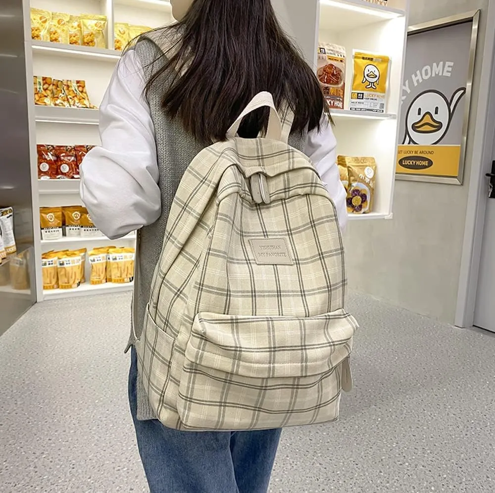 Light Academia Backpack Aesthetic Plaid Preppy Laptop Backpack Checkered Rucksack for College Travel Work (One Size,Sage Green)