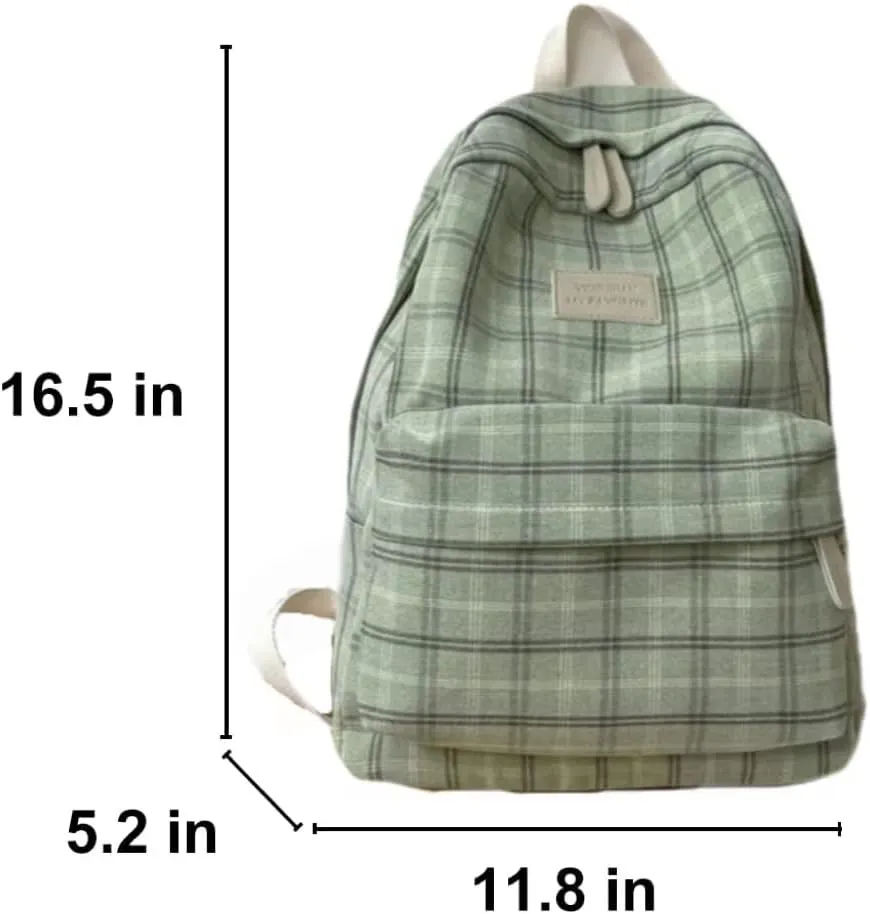 Light Academia Backpack Aesthetic Plaid Preppy Laptop Backpack Checkered Rucksack for College Travel Work (One Size,Sage Green)