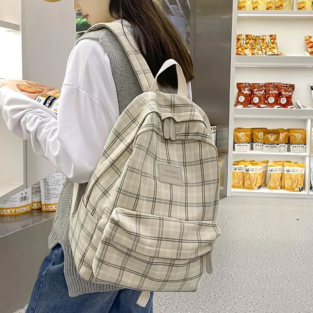 Light Academia Backpack Aesthetic Plaid Preppy Laptop Backpack Checkered Rucksack for College Travel Work (One Size,Sage Green)