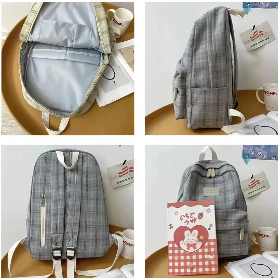 Light Academia Backpack Aesthetic Plaid Preppy Laptop Backpack Checkered Rucksack for College Travel Work (One Size,Sage Green)