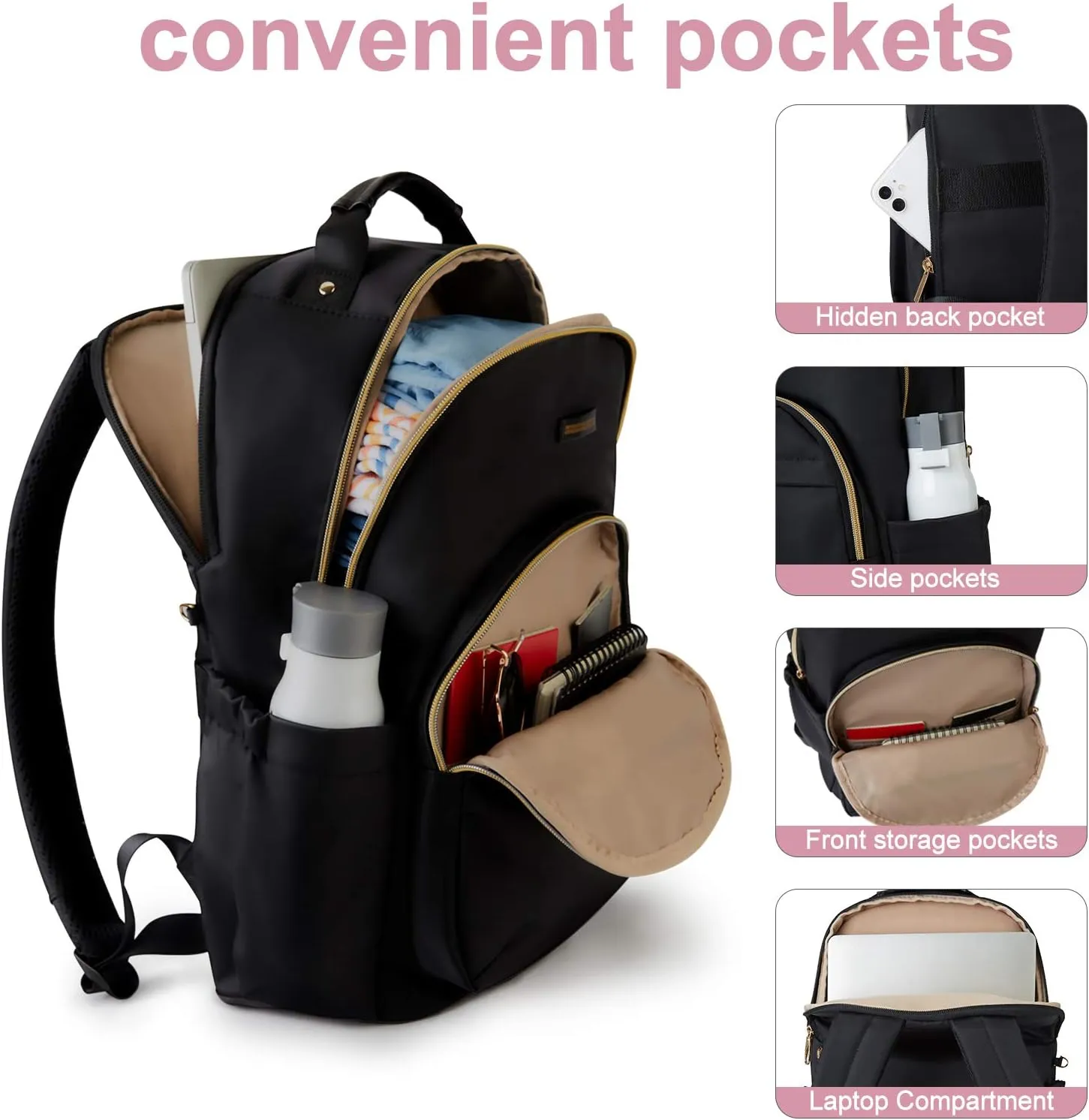 LIGHT FLIGHT Laptop Backpack for Women, Travel BookBag for 17.3 Inch Computer, Backpack for Work Travel College, Large Black