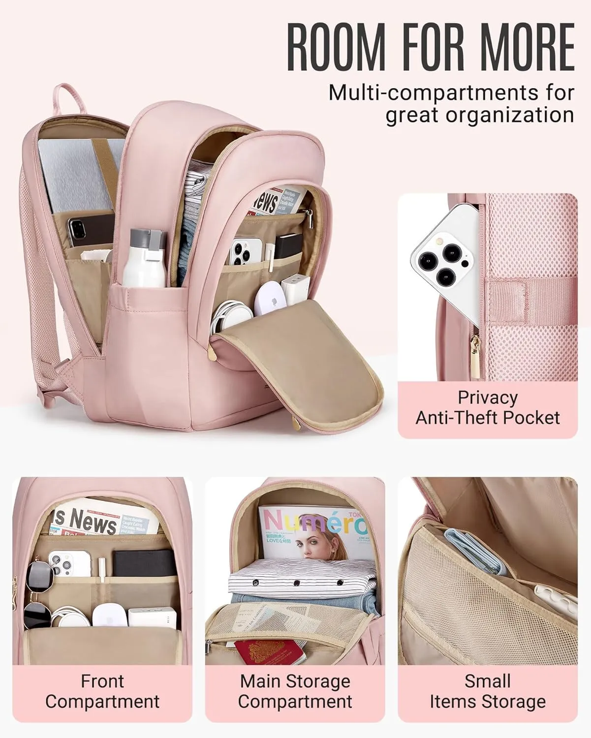 LIGHT FLIGHT Travel Backpack for Women, 15.6 Inch Laptop Backpack with USB Charging Hole, Water Resistant College Bookbag, Large Capacity Black Computer Backpacks for Work, Dull Pink