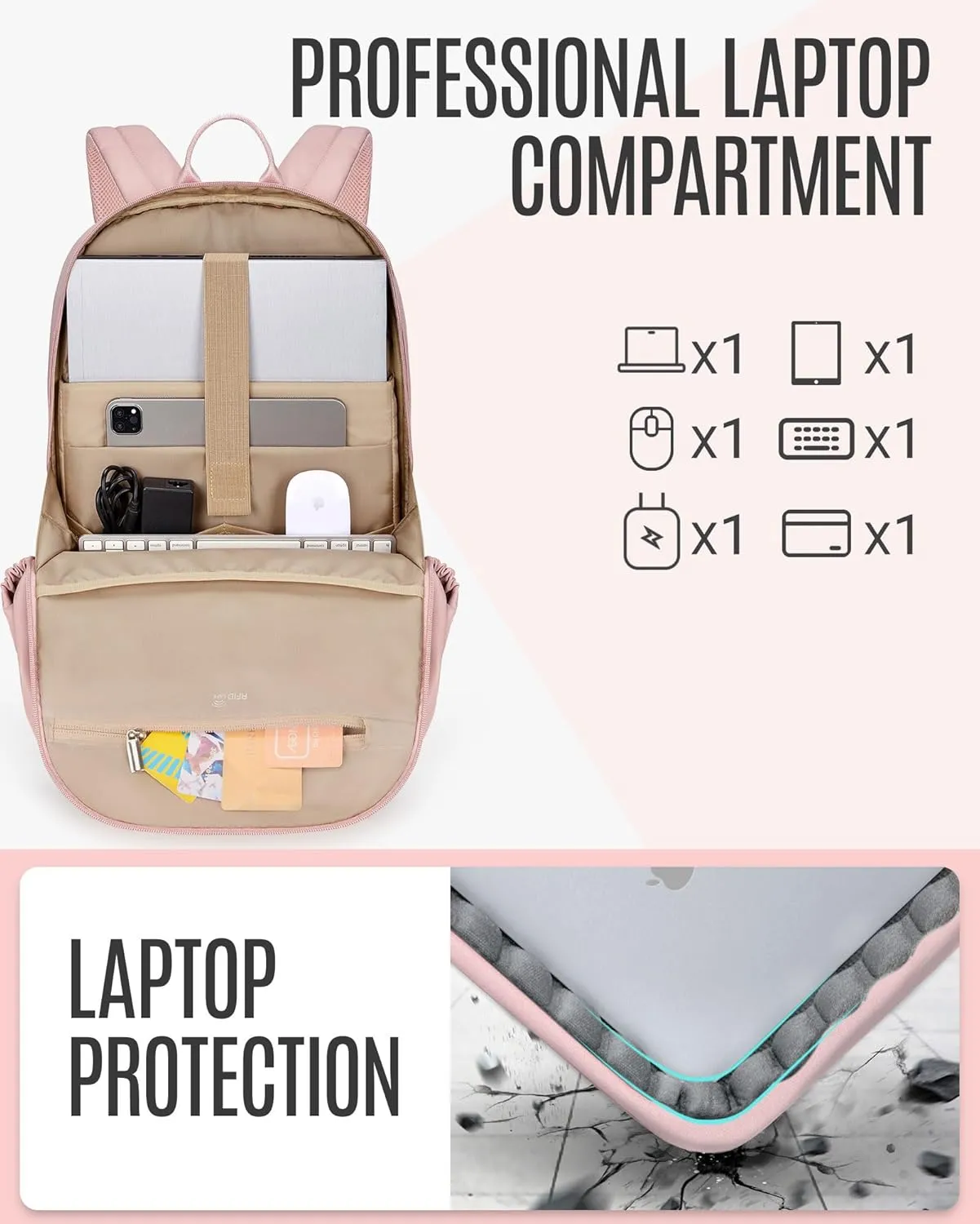 LIGHT FLIGHT Travel Backpack for Women, 15.6 Inch Laptop Backpack with USB Charging Hole, Water Resistant College Bookbag, Large Capacity Black Computer Backpacks for Work, Dull Pink