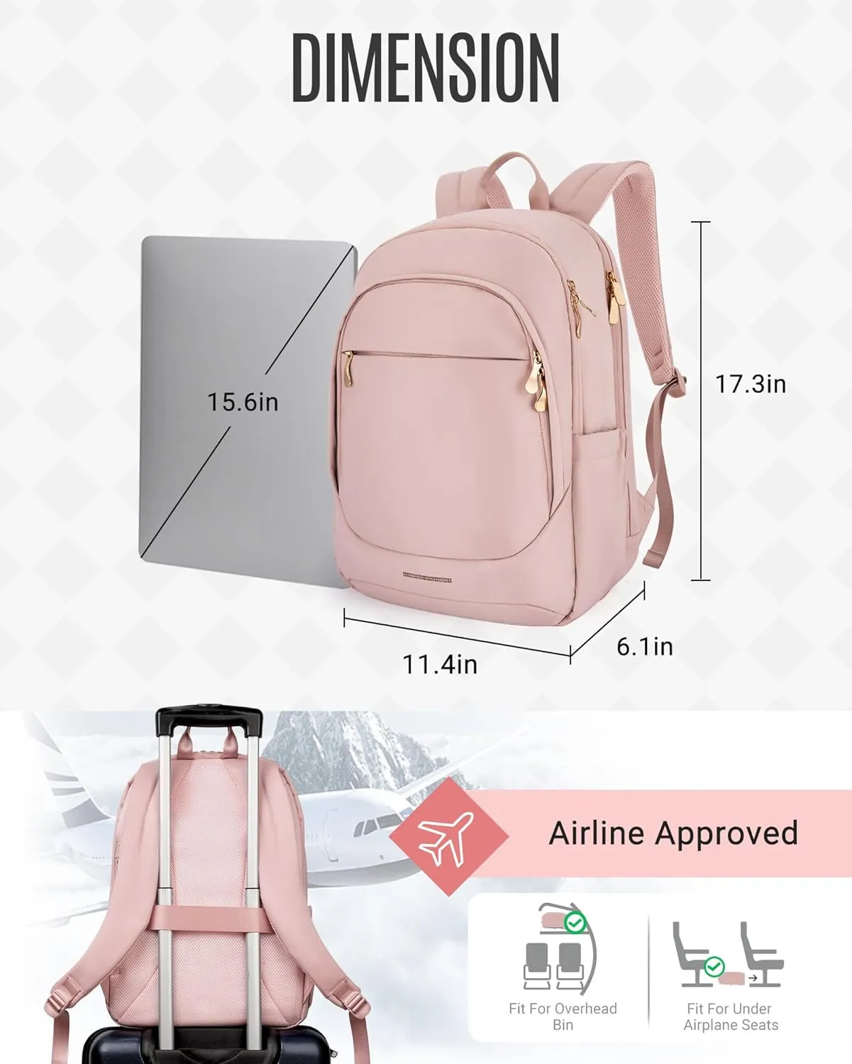 LIGHT FLIGHT Travel Backpack for Women, 15.6 Inch Laptop Backpack with USB Charging Hole, Water Resistant College Bookbag, Large Capacity Black Computer Backpacks for Work, Dull Pink