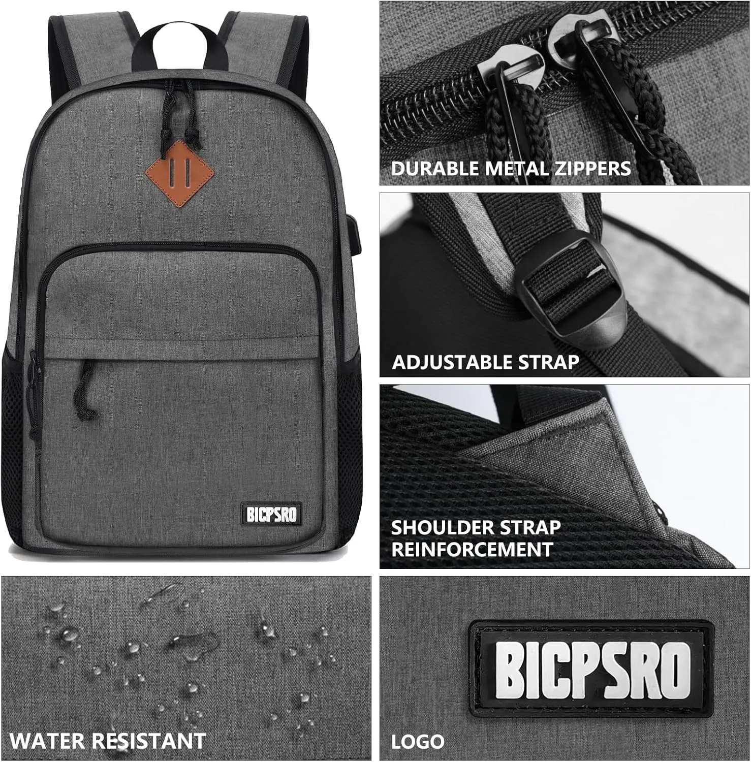 Lightweight Backpack for Men Women, School Backpack for Girls Boys Teen, College High School Backpack with USB Charging Port, Simple Daily use Bookbag, Kids Book Bag, Mochilas Escolares para, Grey