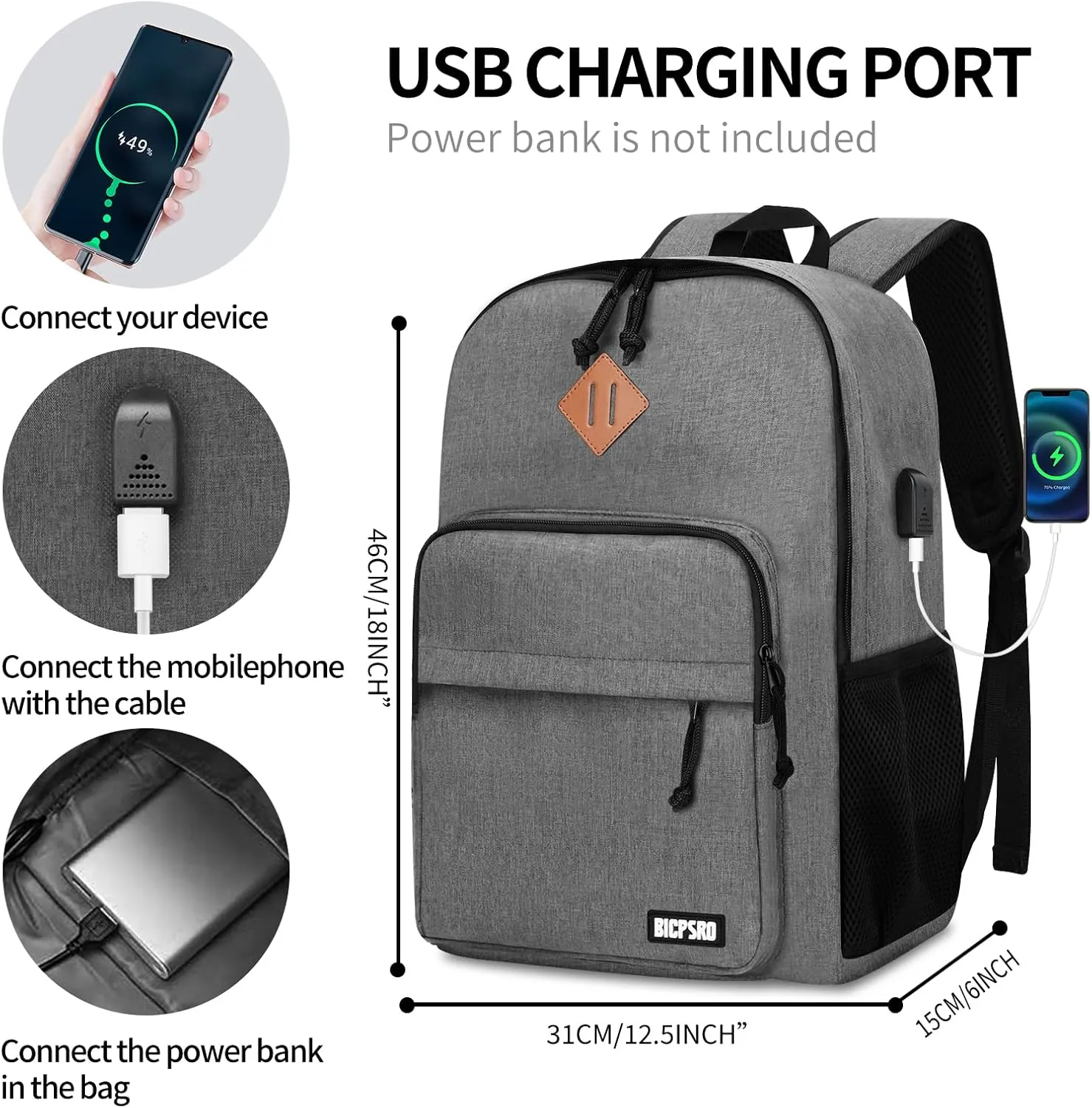 Lightweight Backpack for Men Women, School Backpack for Girls Boys Teen, College High School Backpack with USB Charging Port, Simple Daily use Bookbag, Kids Book Bag, Mochilas Escolares para, Grey