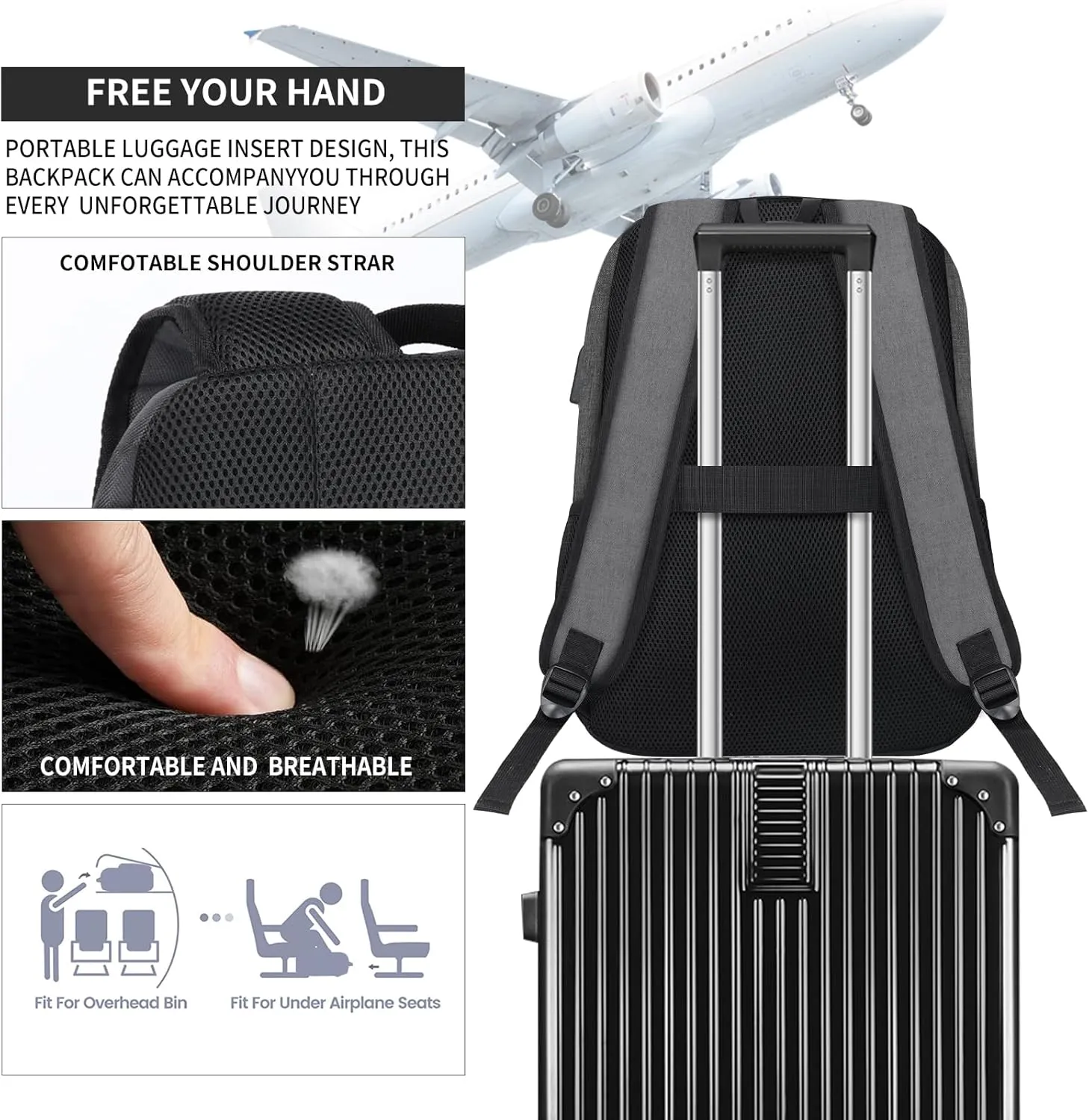 Lightweight Backpack for Men Women, School Backpack for Girls Boys Teen, College High School Backpack with USB Charging Port, Simple Daily use Bookbag, Kids Book Bag, Mochilas Escolares para, Grey