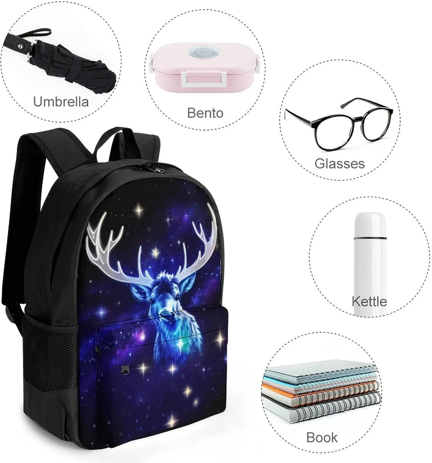 Lightweight Daypack Backpack for Sports Travel Running - Large Capacity Multipurpose Anti-Theft Bookbag, Galaxy Starry Sky Christmas Elk Moose Art Laptop Backpack Daypack