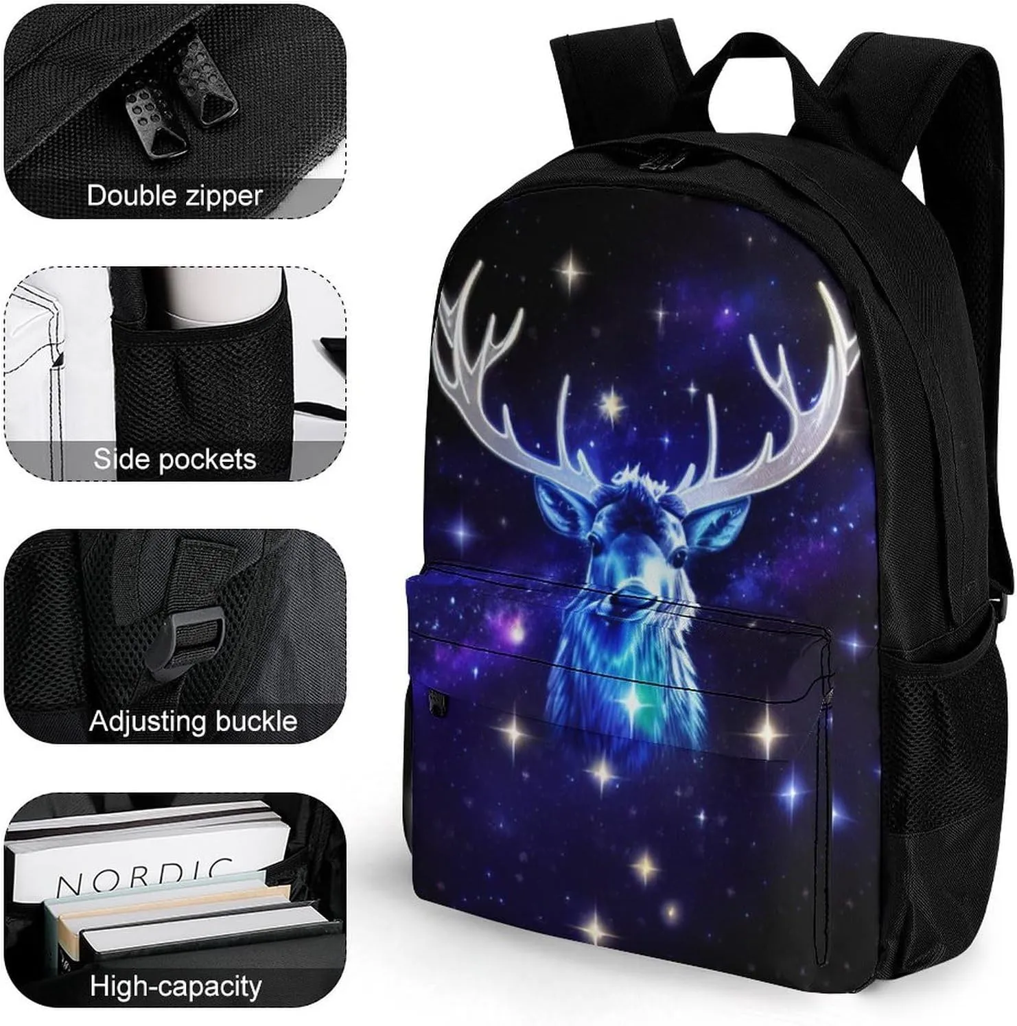 Lightweight Daypack Backpack for Sports Travel Running - Large Capacity Multipurpose Anti-Theft Bookbag, Galaxy Starry Sky Christmas Elk Moose Art Laptop Backpack Daypack