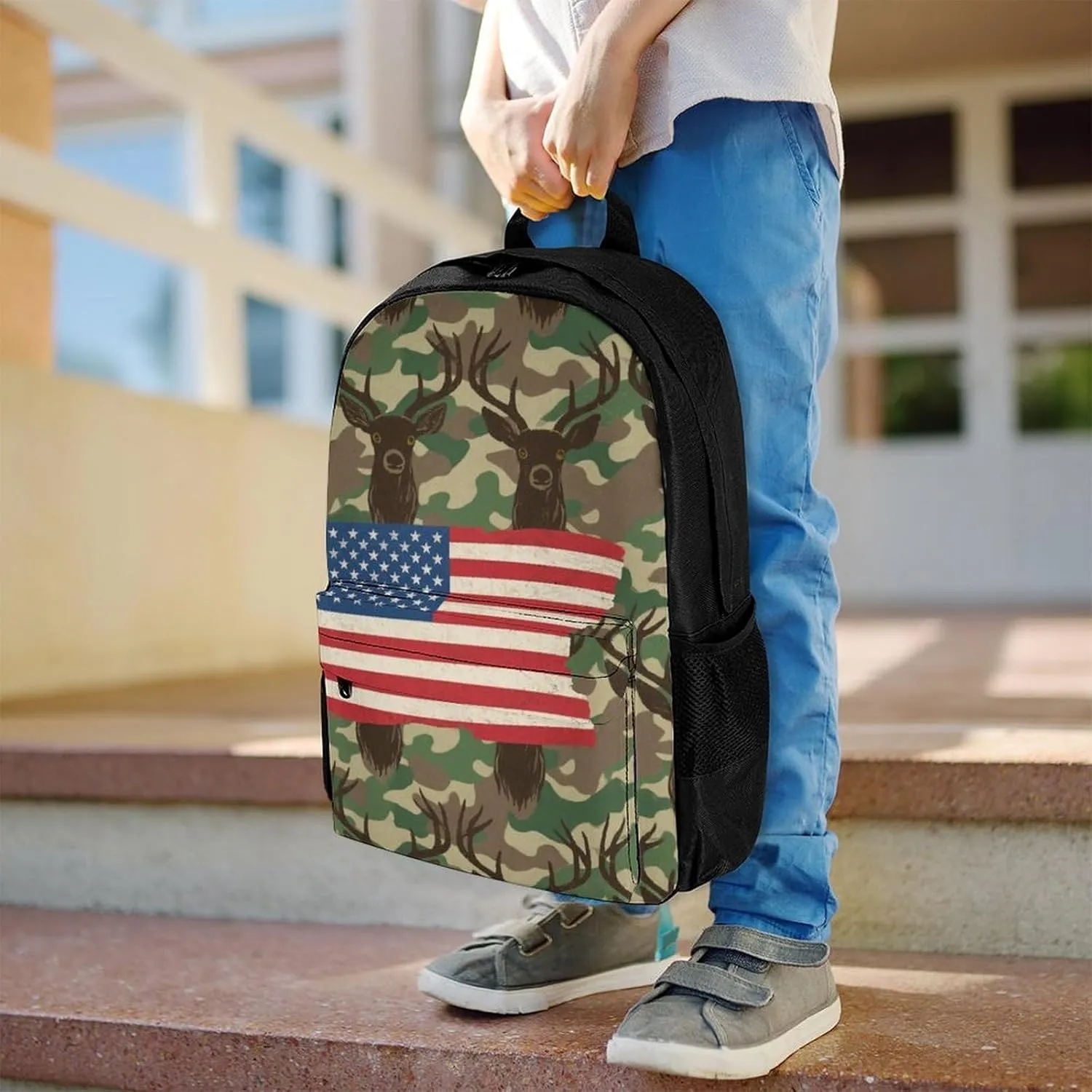 Lightweight Daypack Backpack for Trekking Work Running - Big Capacity Multipurpose Anti-Theft Bookbag, American Flag Camo Deer Camouflage Art Business Computer Bag