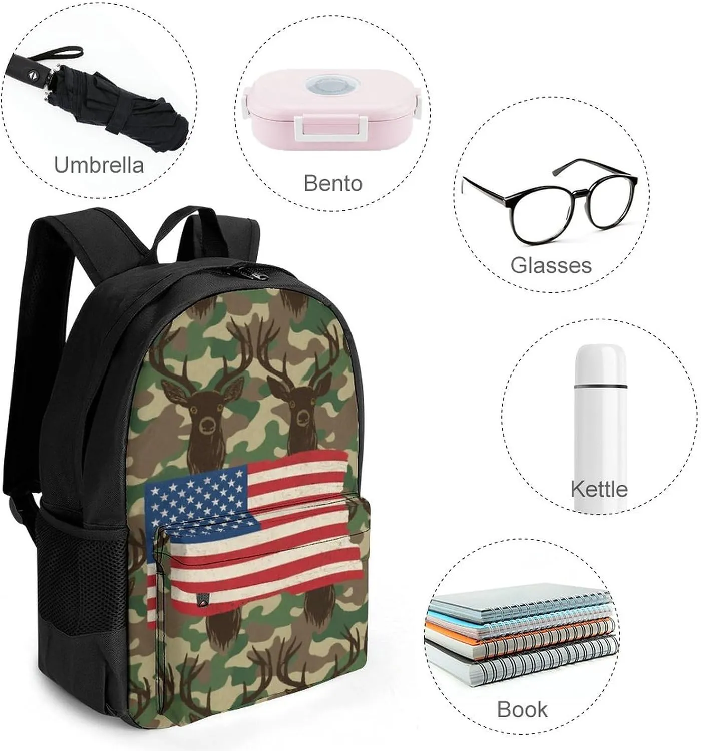 Lightweight Daypack Backpack for Trekking Work Running - Big Capacity Multipurpose Anti-Theft Bookbag, American Flag Camo Deer Camouflage Art Business Computer Bag