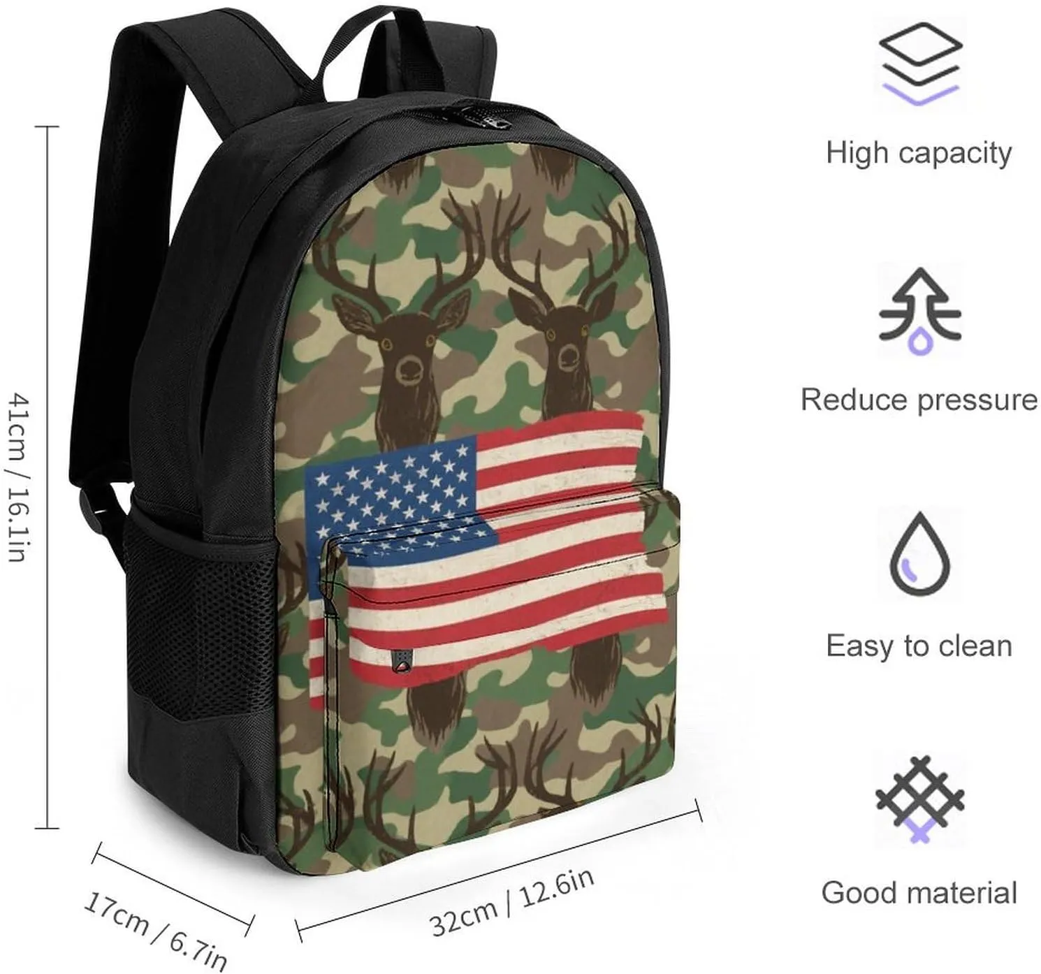 Lightweight Daypack Backpack for Trekking Work Running - Big Capacity Multipurpose Anti-Theft Bookbag, American Flag Camo Deer Camouflage Art Business Computer Bag