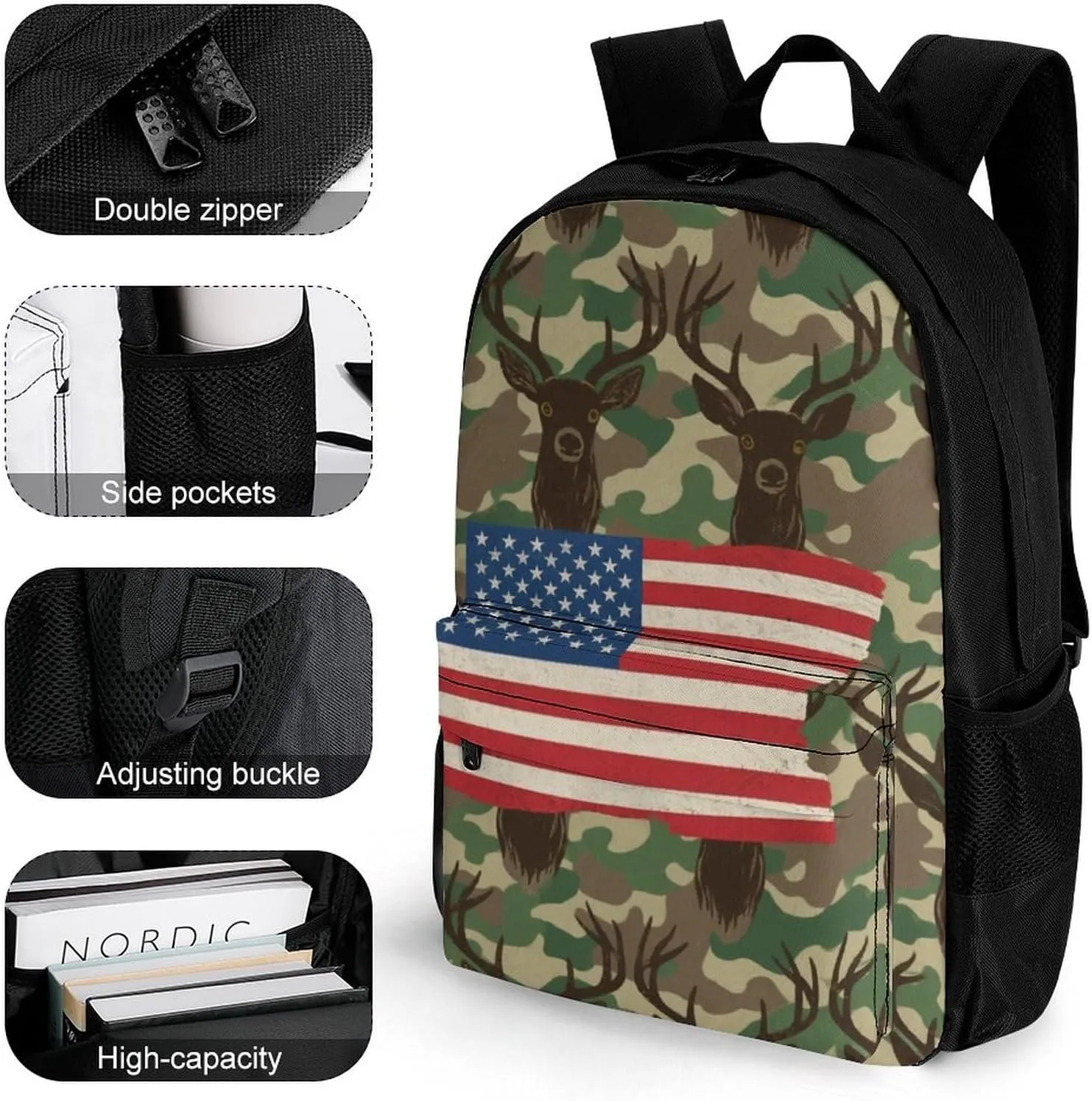 Lightweight Daypack Backpack for Trekking Work Running - Big Capacity Multipurpose Anti-Theft Bookbag, American Flag Camo Deer Camouflage Art Business Computer Bag