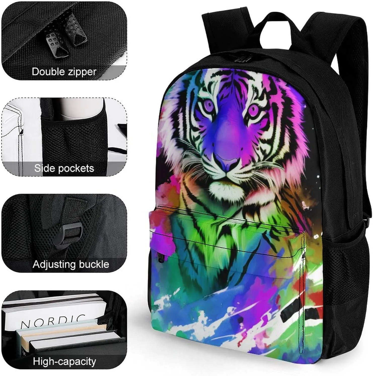 Lightweight Daypack Backpack for Trekking Work Running - Big Capacity Multipurpose Anti-Theft Bookbag, Beautiful Wild Animal Tiger Abstract Art Business Computer Bag