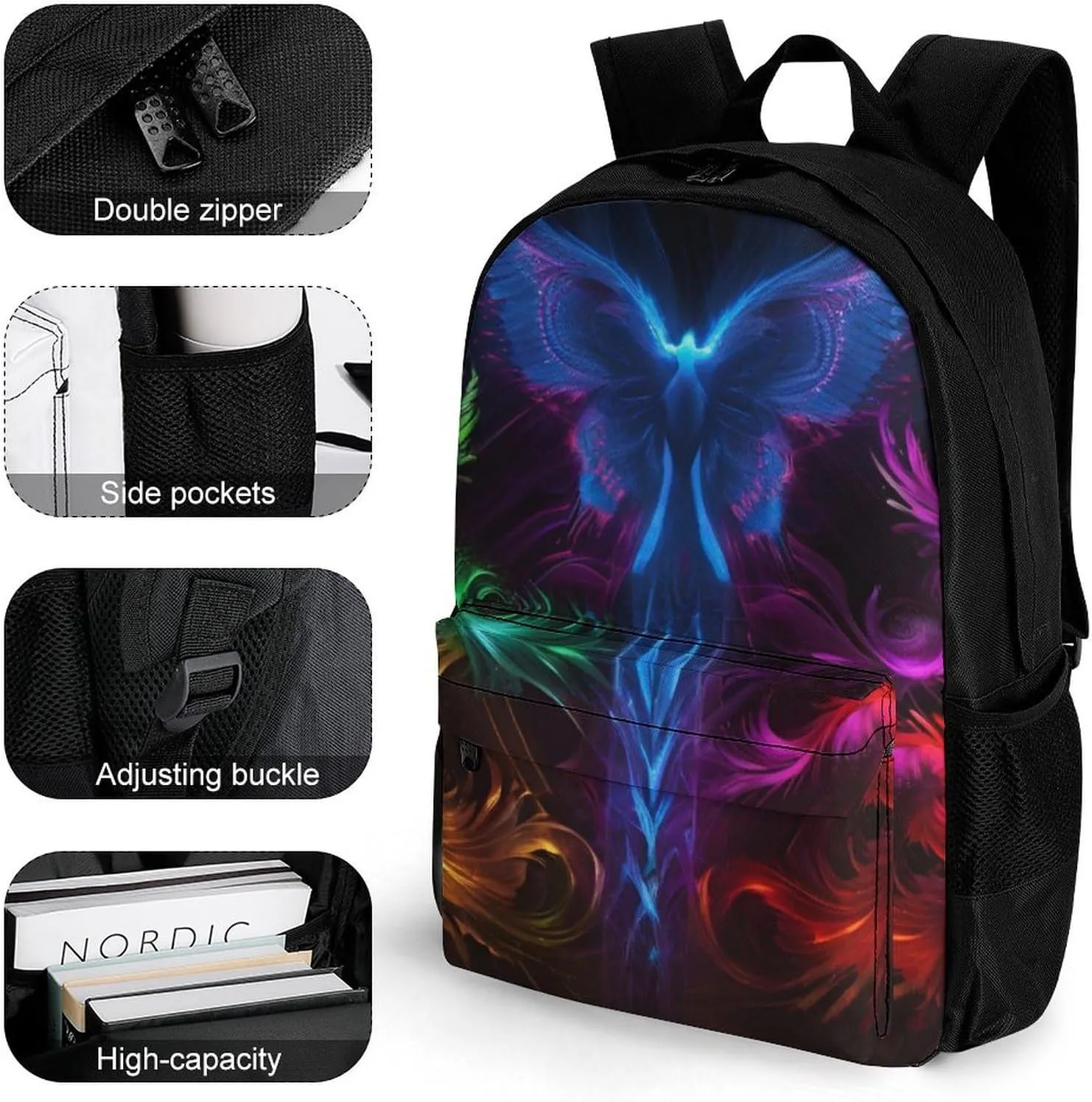 Lightweight Daypack Backpack for Trekking Work Running - Big Capacity Multipurpose Anti-Theft Bookbag, Colorful Fire Flame Phoenix Black Art Business Computer Bag