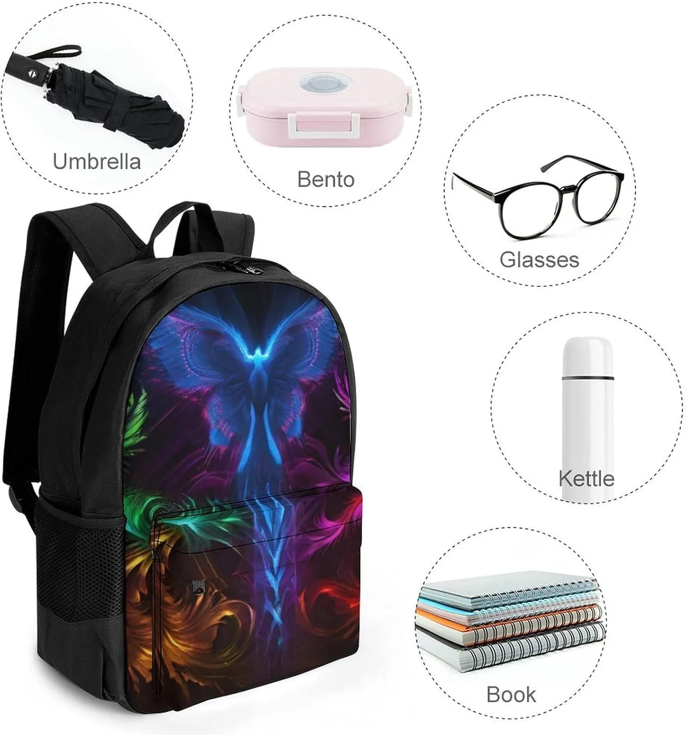 Lightweight Daypack Backpack for Trekking Work Running - Big Capacity Multipurpose Anti-Theft Bookbag, Colorful Fire Flame Phoenix Black Art Business Computer Bag