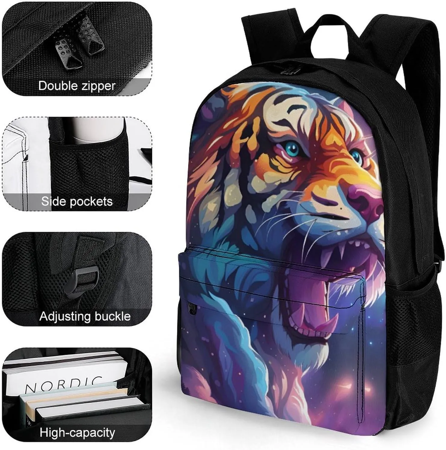 Lightweight Daypack Backpack for Trekking Work Running - Big Capacity Multipurpose Anti-Theft Bookbag, Starry Sky Cool Galaxy Tiger Art Business Computer Bag