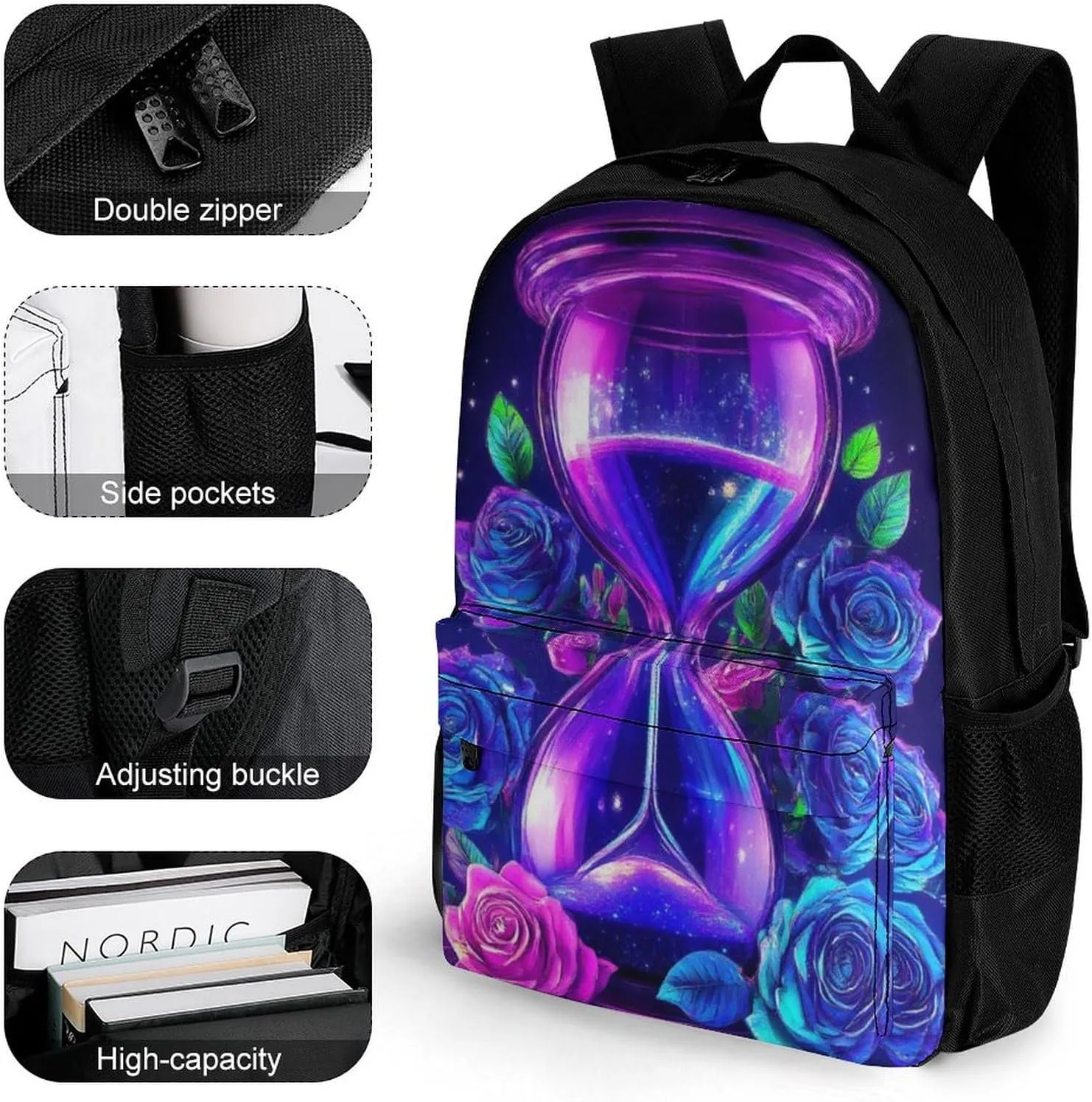 Lightweight Daypack Backpack for Trekking Work Running - Big Capacity Multipurpose Anti-Theft Bookbag, Trippy Magic Flowers Rose Art Business Computer Bag