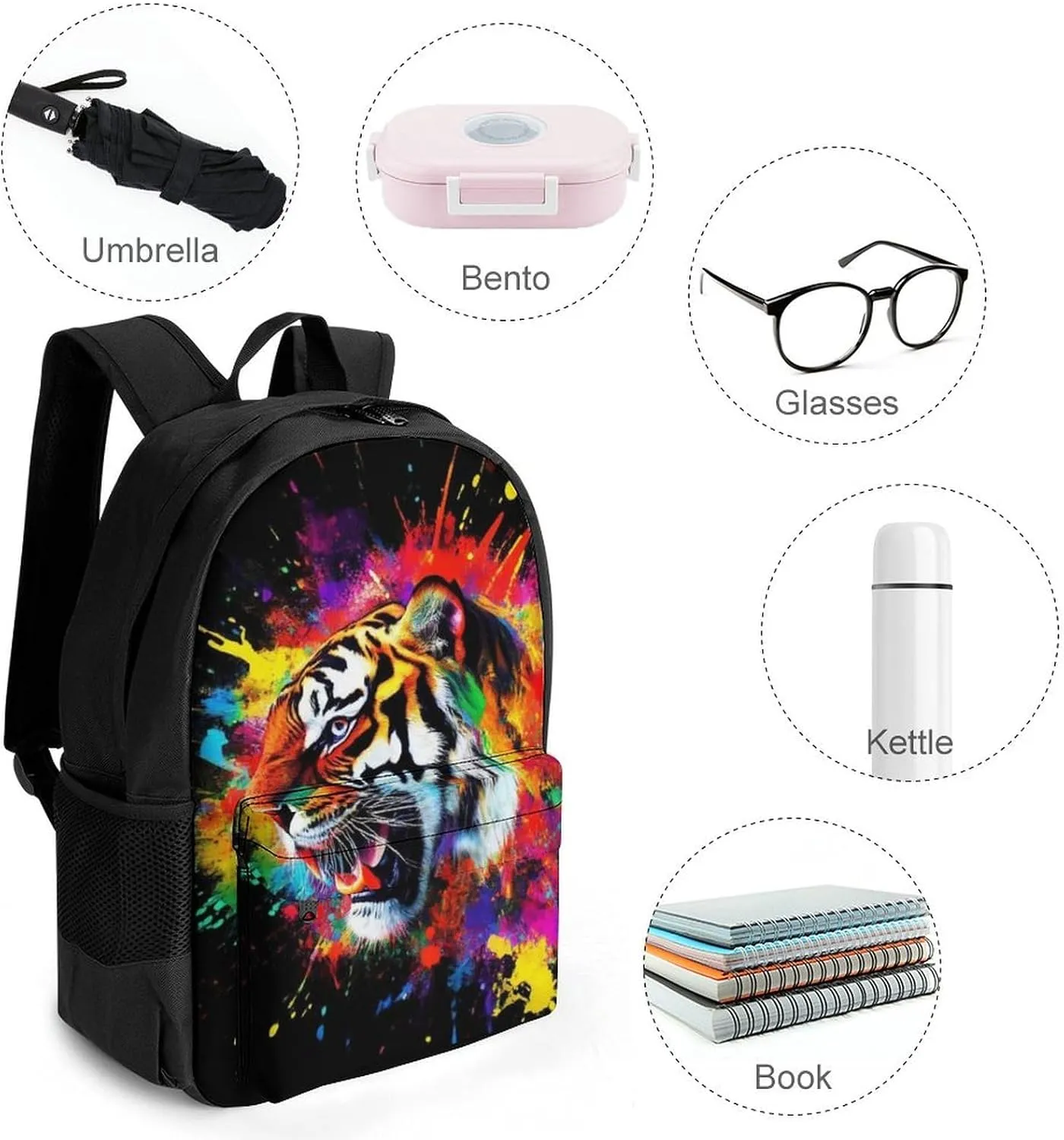 Lightweight Daypack Bookbag for Trekking Business Walking Cycling - Big Capacity Anti-Theft Multipurpose Carry On Bag, Colorful Splash Ink King Of Tiger Art Business Computer Bag