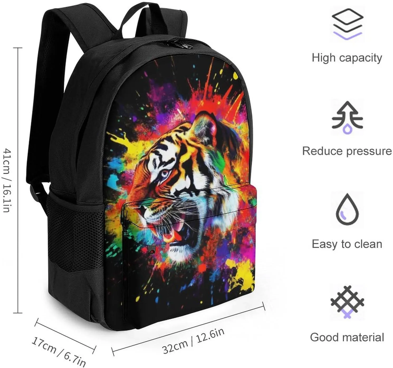 Lightweight Daypack Bookbag for Trekking Business Walking Cycling - Big Capacity Anti-Theft Multipurpose Carry On Bag, Colorful Splash Ink King Of Tiger Art Business Computer Bag