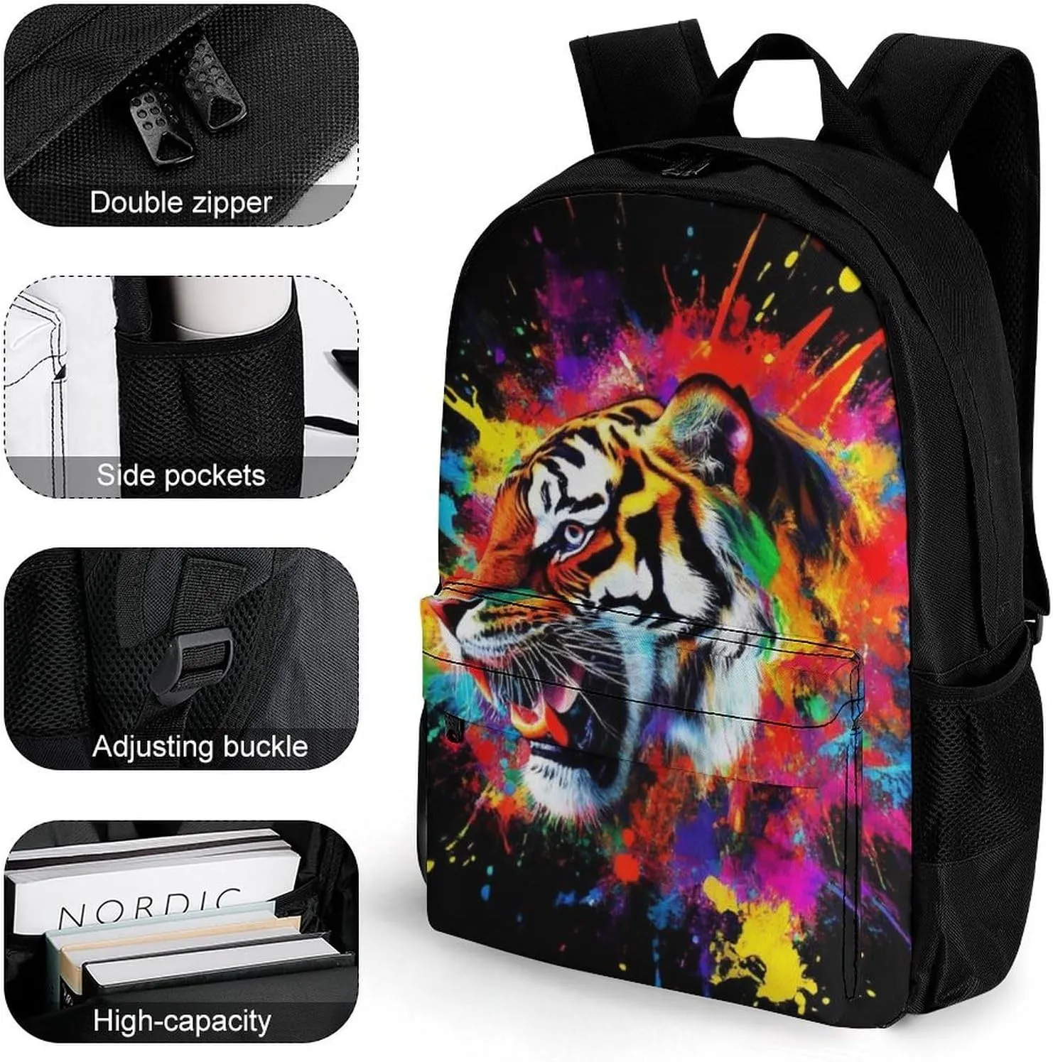Lightweight Daypack Bookbag for Trekking Business Walking Cycling - Big Capacity Anti-Theft Multipurpose Carry On Bag, Colorful Splash Ink King Of Tiger Art Business Computer Bag
