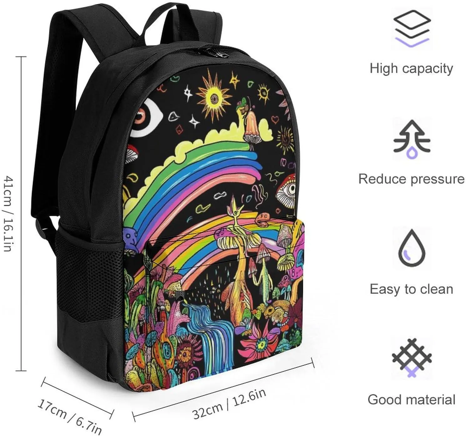 Lightweight Daypack for Camping Business Walking Cycling - Large Capacity Anti-Theft Multipurpose Bookbag, Colorful Flowers Eyes Stars Rainbow Magic Trippy Mushroom Gym Outdoor Hiking Backpack