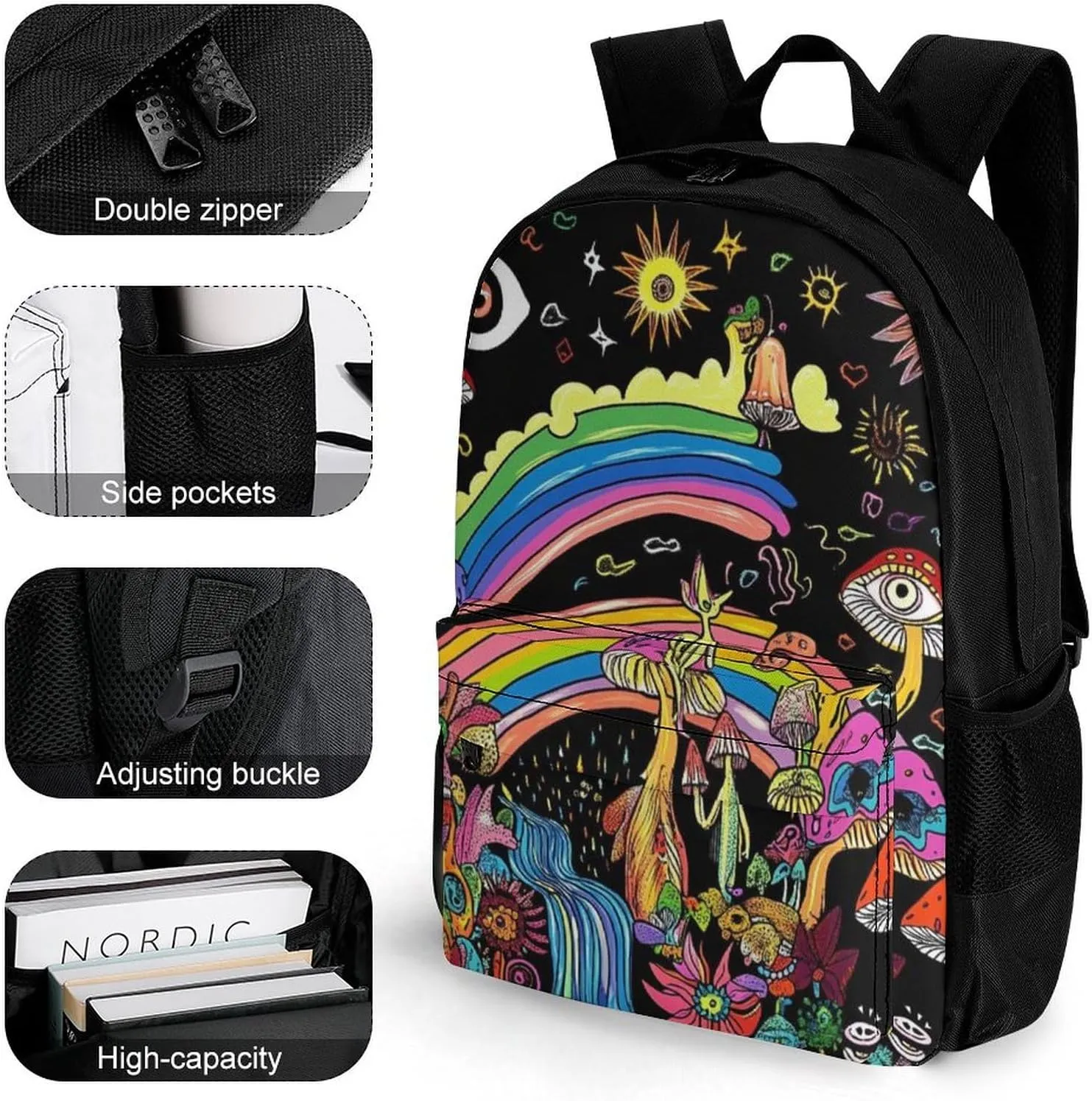 Lightweight Daypack for Camping Business Walking Cycling - Large Capacity Anti-Theft Multipurpose Bookbag, Colorful Flowers Eyes Stars Rainbow Magic Trippy Mushroom Gym Outdoor Hiking Backpack
