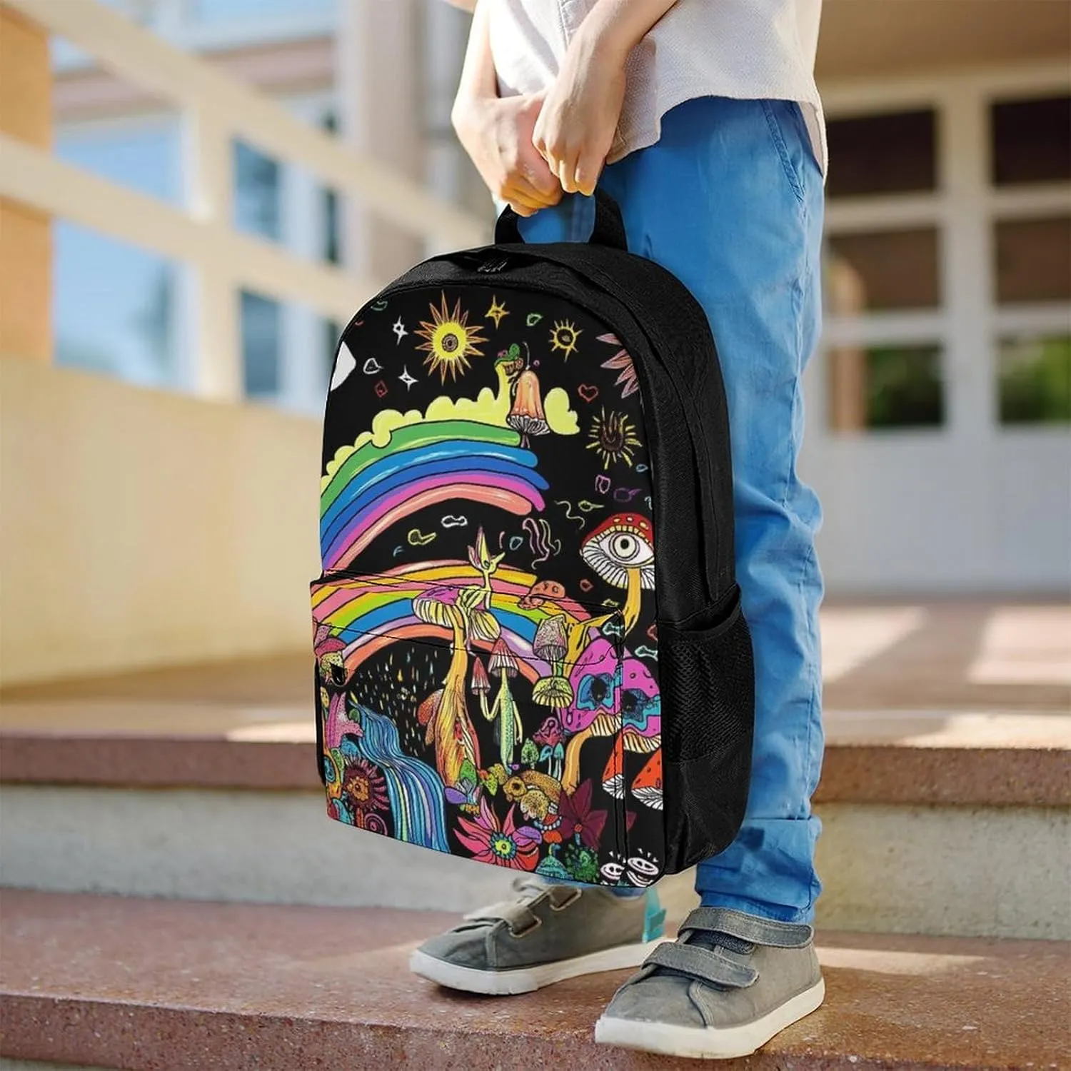 Lightweight Daypack for Camping Business Walking Cycling - Large Capacity Anti-Theft Multipurpose Bookbag, Colorful Flowers Eyes Stars Rainbow Magic Trippy Mushroom Gym Outdoor Hiking Backpack