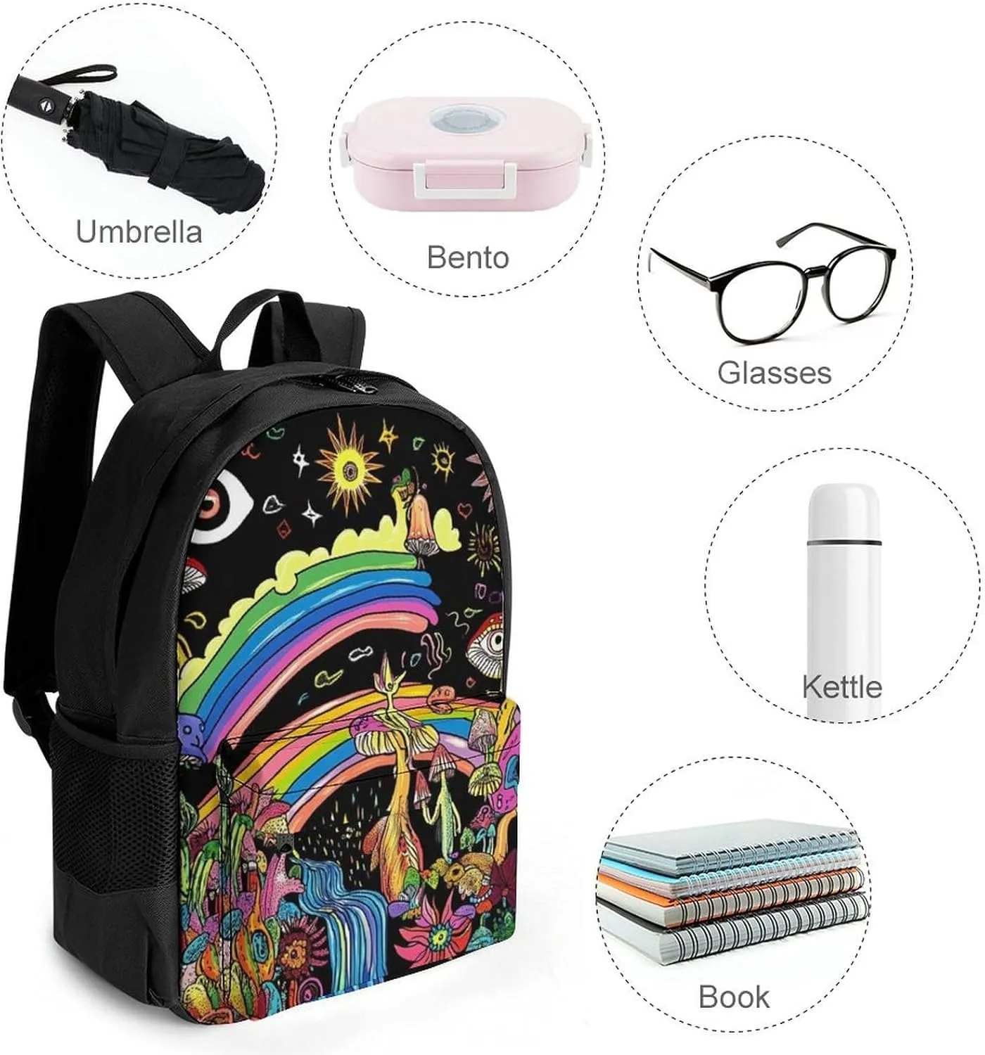 Lightweight Daypack for Camping Business Walking Cycling - Large Capacity Anti-Theft Multipurpose Bookbag, Colorful Flowers Eyes Stars Rainbow Magic Trippy Mushroom Gym Outdoor Hiking Backpack