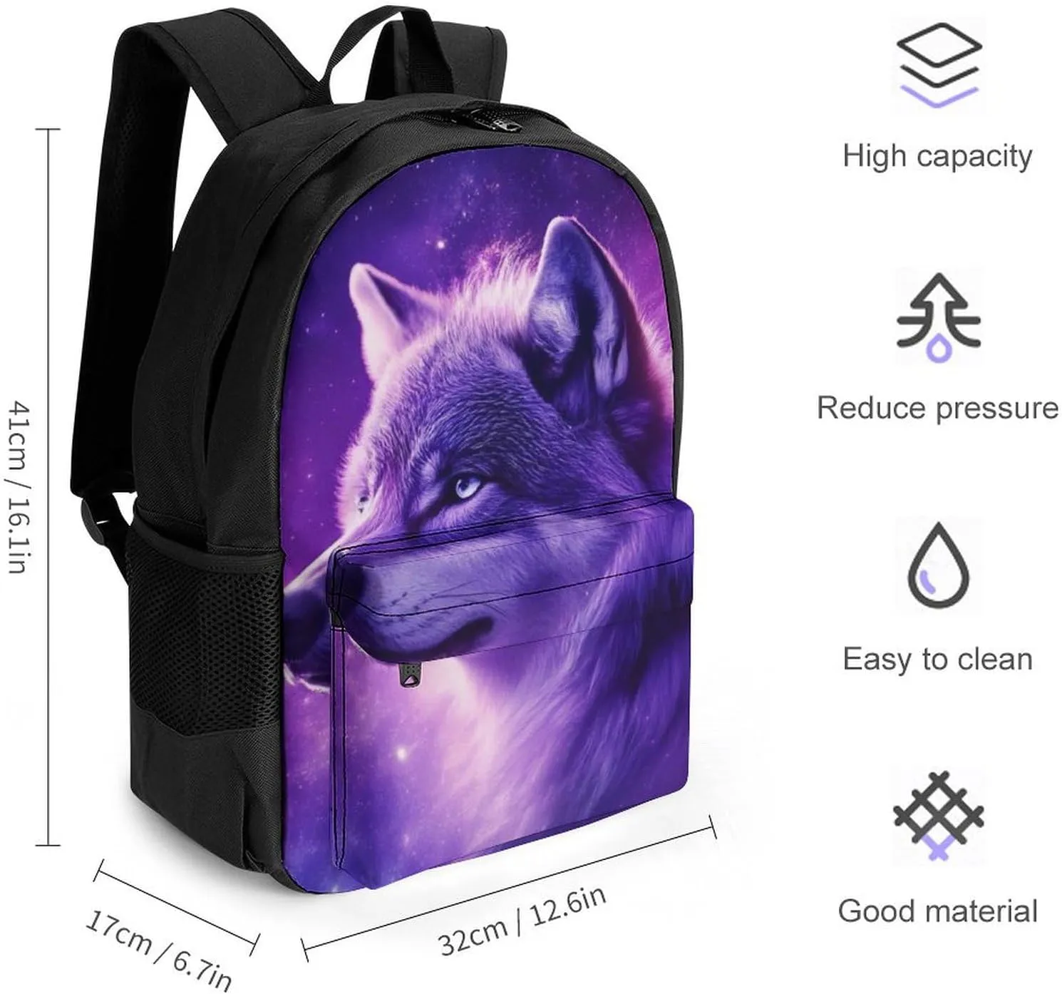 Lightweight Rucksack for Sports Travel Running - Big Capacity Multipurpose Anti-Theft Bookbag, Purple Universe Galaxy Space Magic Wolf Art Travel and Sport Backpack Rucksack