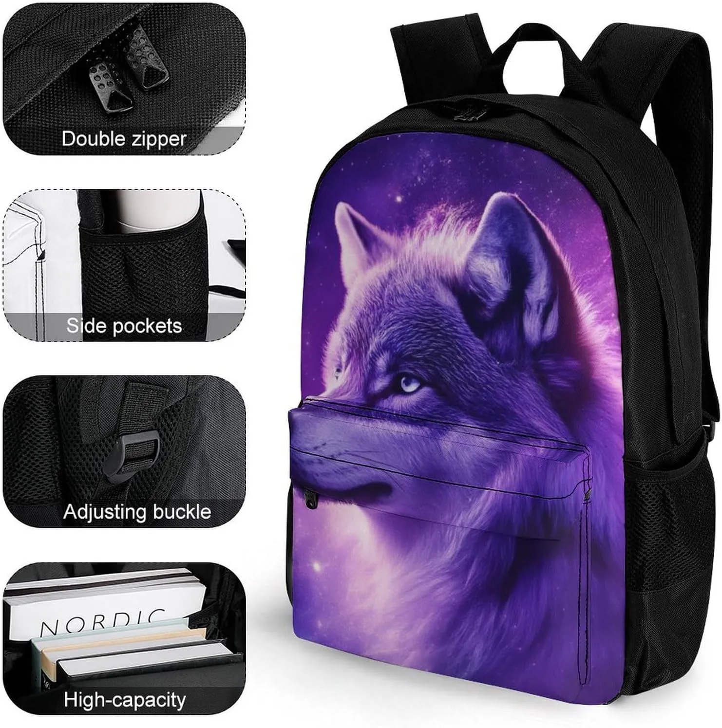 Lightweight Rucksack for Sports Travel Running - Big Capacity Multipurpose Anti-Theft Bookbag, Purple Universe Galaxy Space Magic Wolf Art Travel and Sport Backpack Rucksack