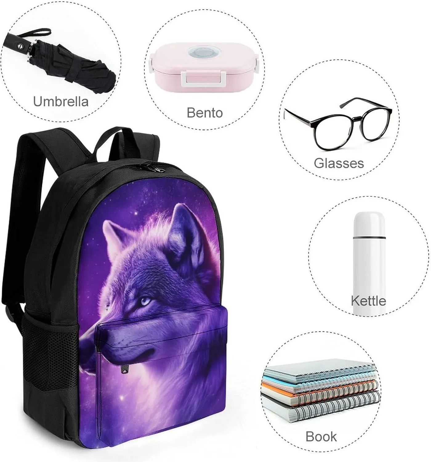 Lightweight Rucksack for Sports Travel Running - Big Capacity Multipurpose Anti-Theft Bookbag, Purple Universe Galaxy Space Magic Wolf Art Travel and Sport Backpack Rucksack