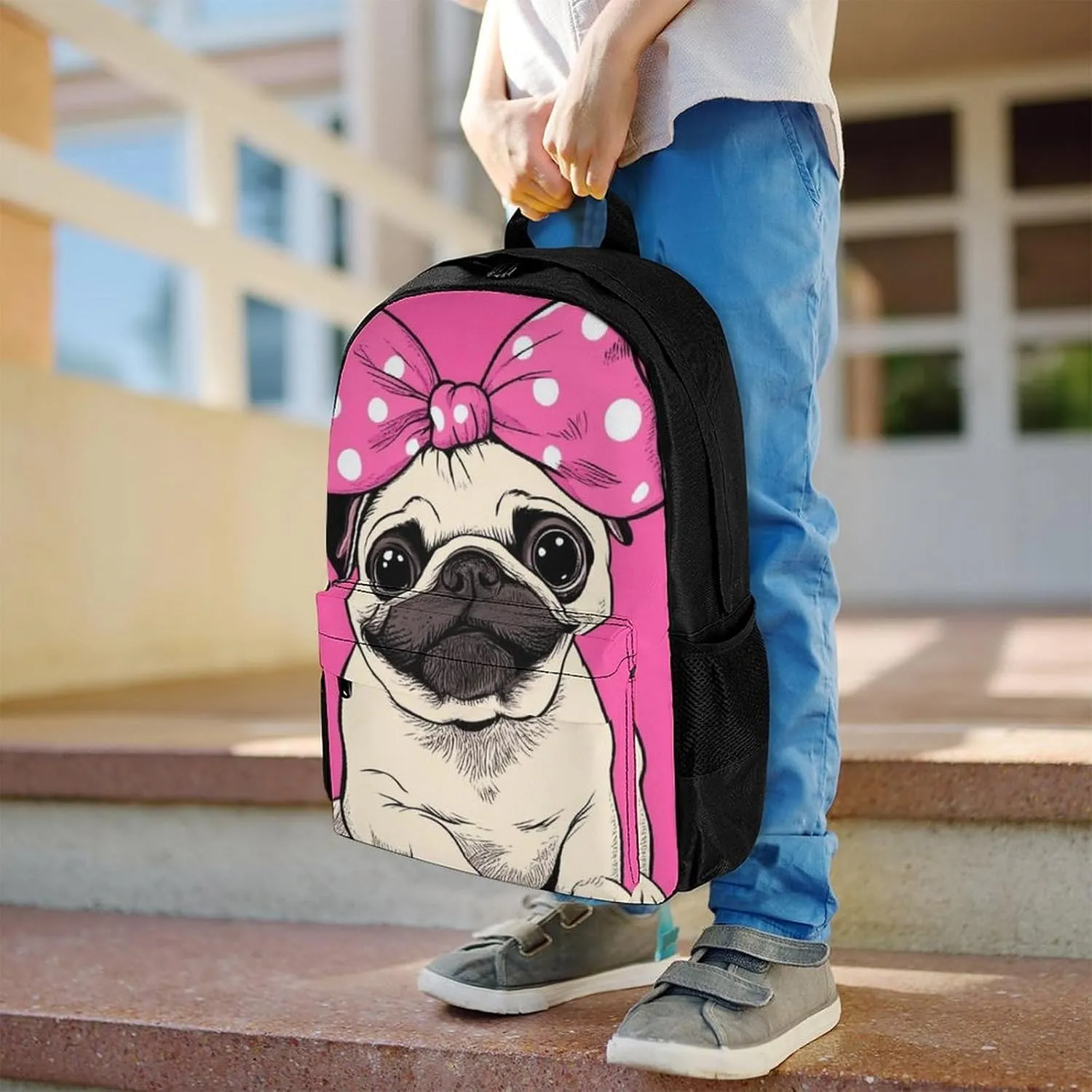 Lightweight Rucksacks for Camping Picnic Walking Cycling - Large Capacity Multipurpose Anti-Theft Carry On Bag, Cute Cartoon Pug Dog Pink Travel Hiking & Camping Rucksack