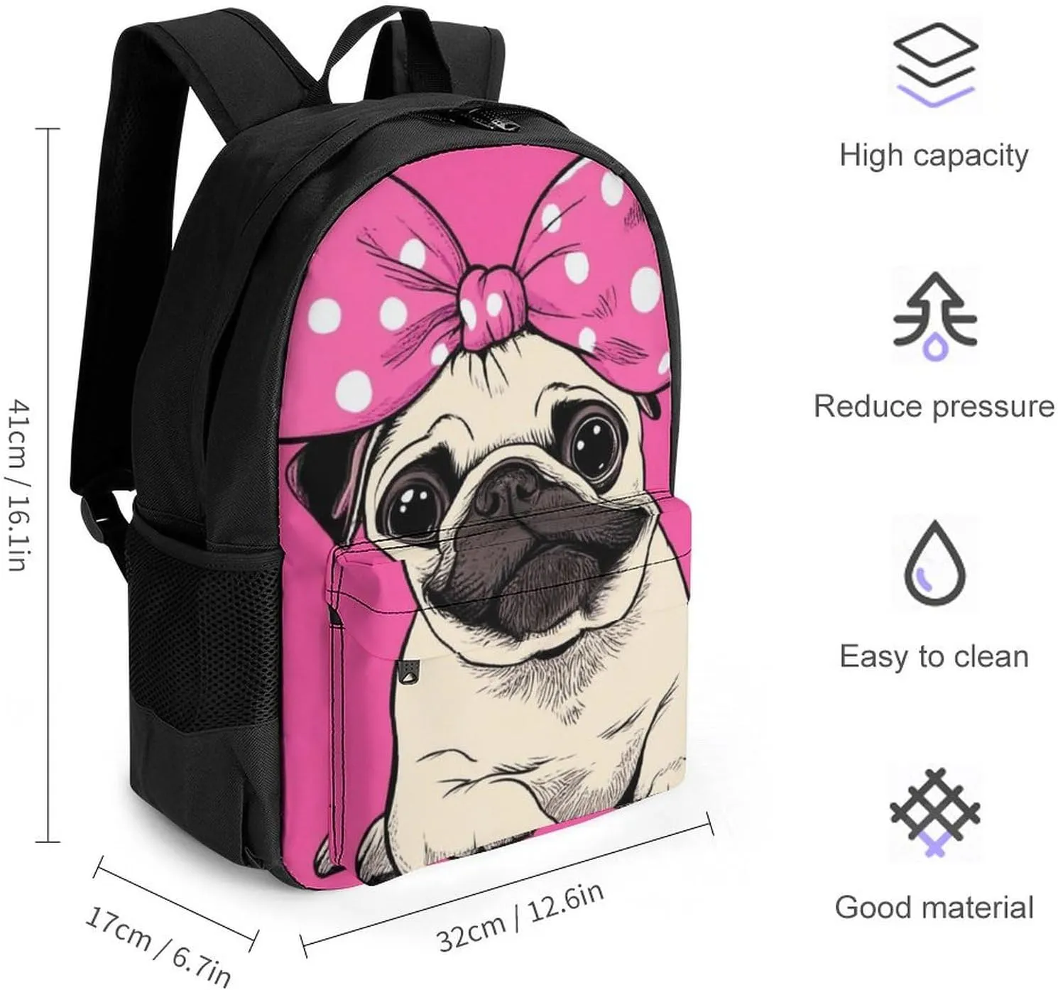 Lightweight Rucksacks for Camping Picnic Walking Cycling - Large Capacity Multipurpose Anti-Theft Carry On Bag, Cute Cartoon Pug Dog Pink Travel Hiking & Camping Rucksack