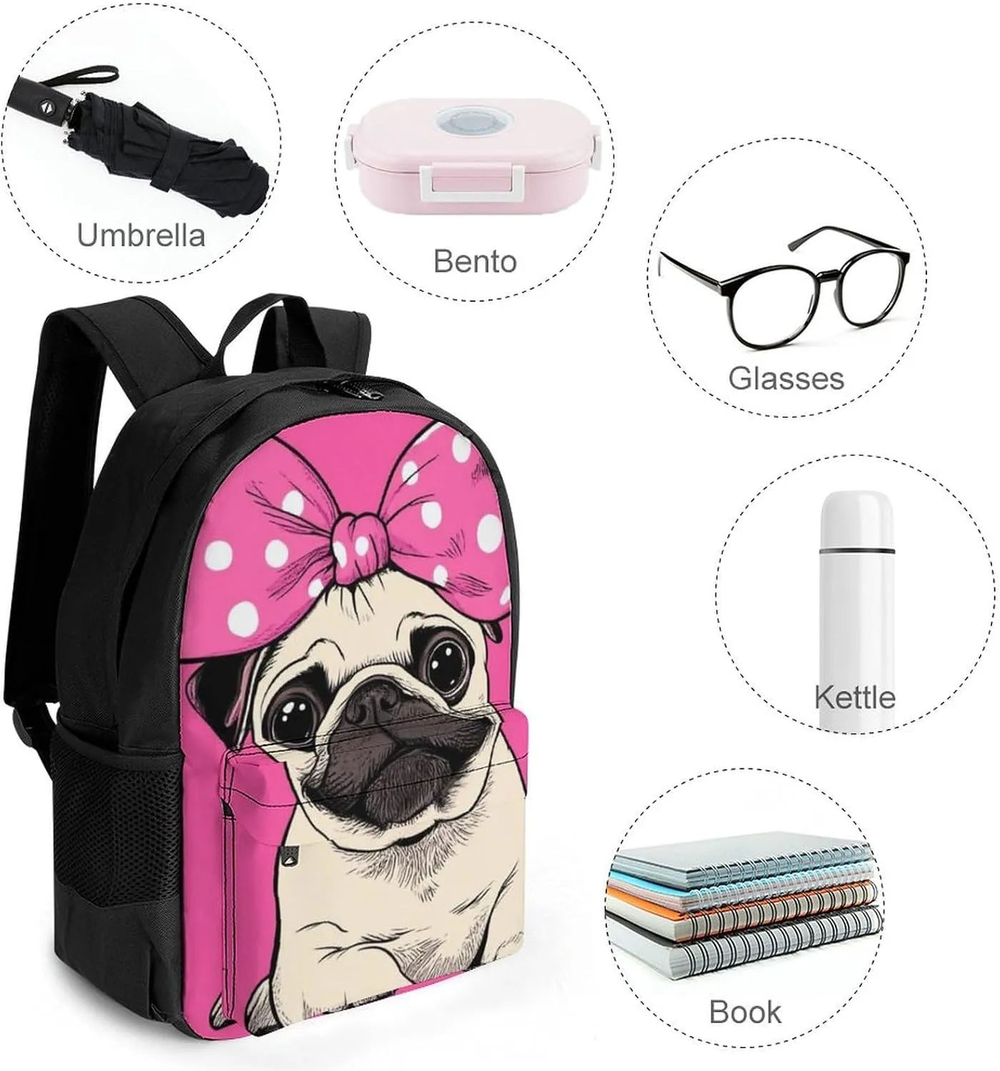 Lightweight Rucksacks for Camping Picnic Walking Cycling - Large Capacity Multipurpose Anti-Theft Carry On Bag, Cute Cartoon Pug Dog Pink Travel Hiking & Camping Rucksack