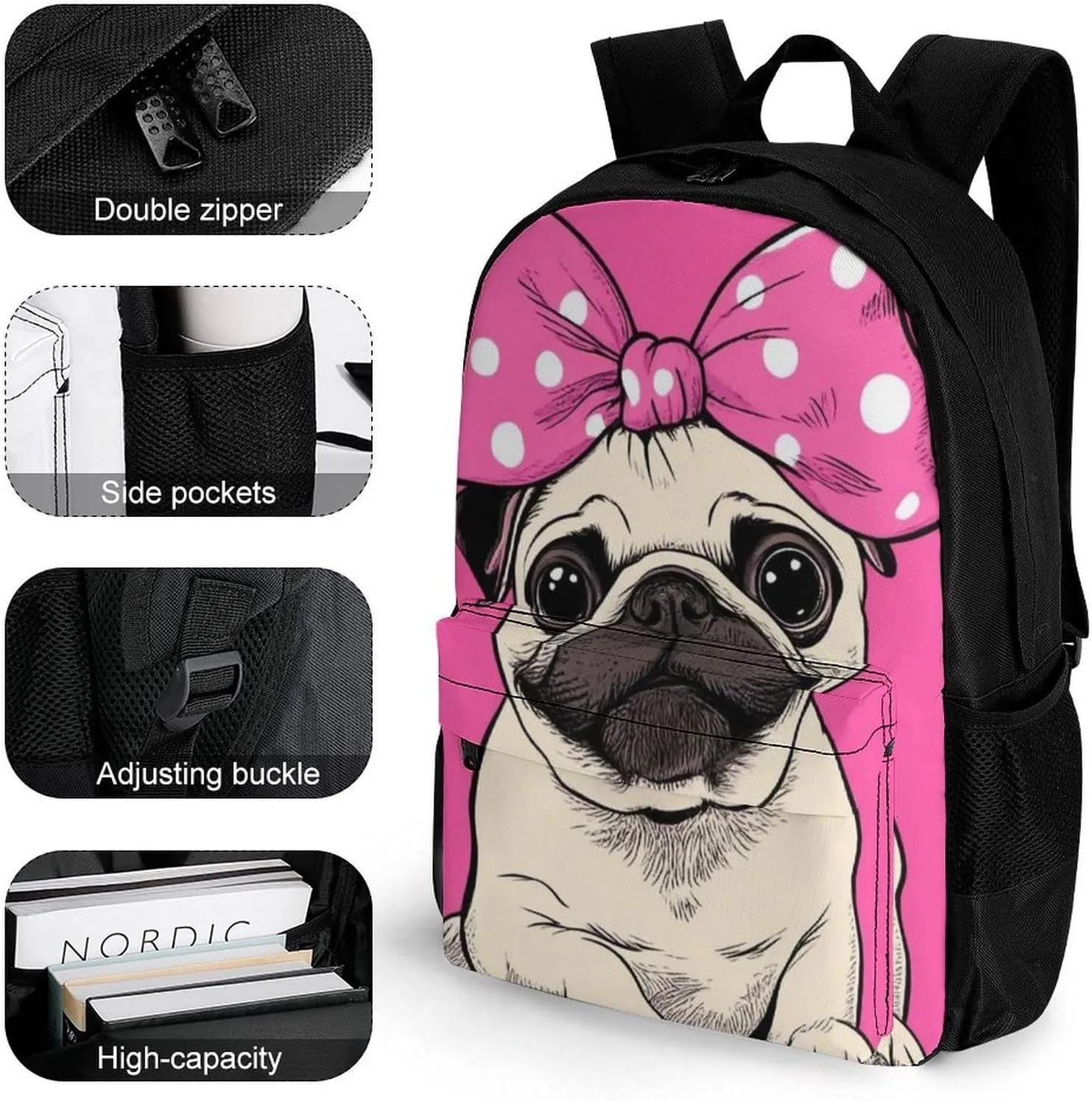 Lightweight Rucksacks for Camping Picnic Walking Cycling - Large Capacity Multipurpose Anti-Theft Carry On Bag, Cute Cartoon Pug Dog Pink Travel Hiking & Camping Rucksack