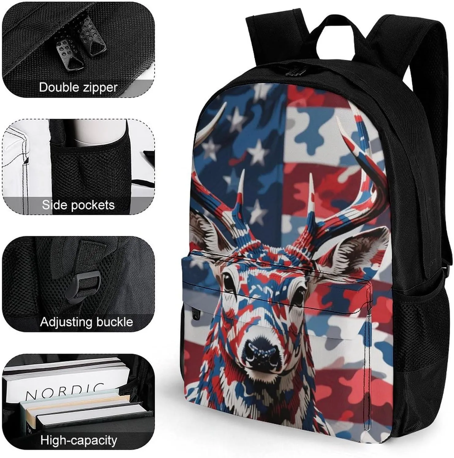 Lightweight Rucksacks for Climbing Outdoors Walking Cycling - Large Capacity Anti-Theft Multipurpose Carry On Bag, American Flag Camo Deer Camouflage Art Camping Outdoor Backpack