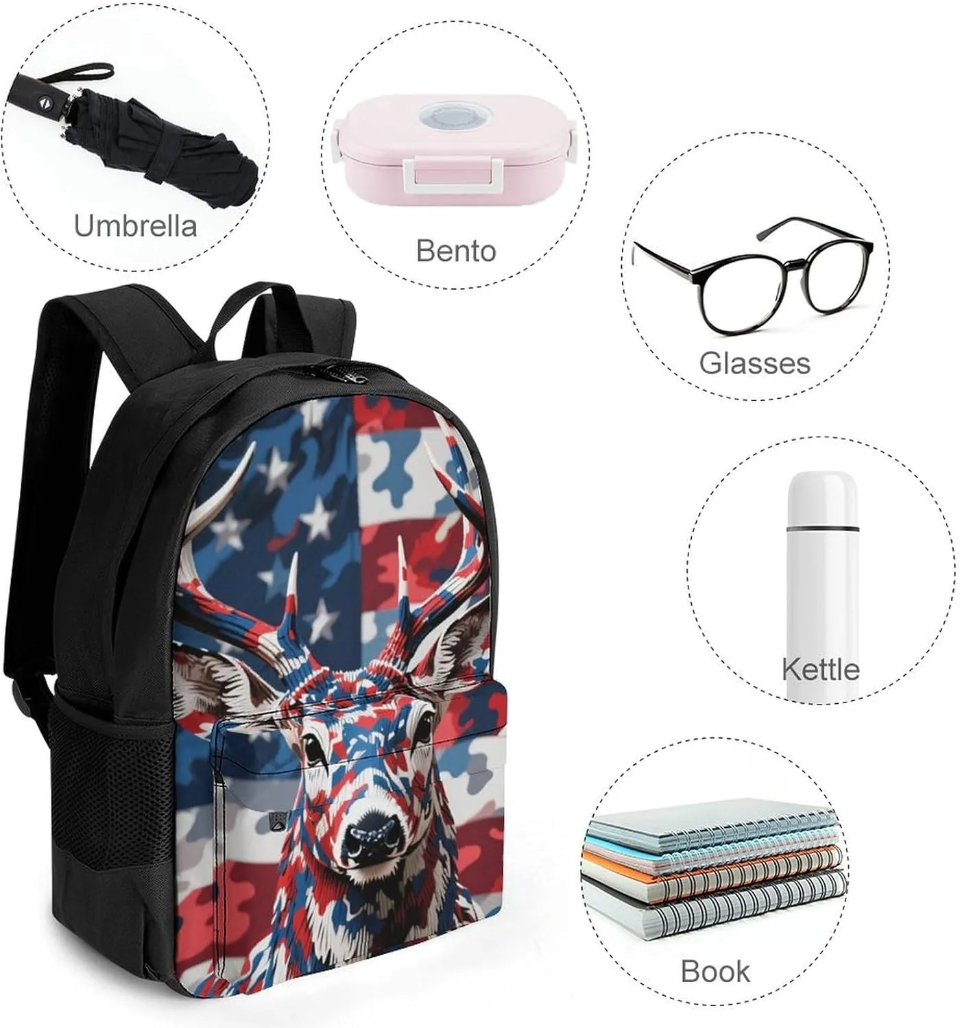 Lightweight Rucksacks for Climbing Outdoors Walking Cycling - Large Capacity Anti-Theft Multipurpose Carry On Bag, American Flag Camo Deer Camouflage Art Camping Outdoor Backpack