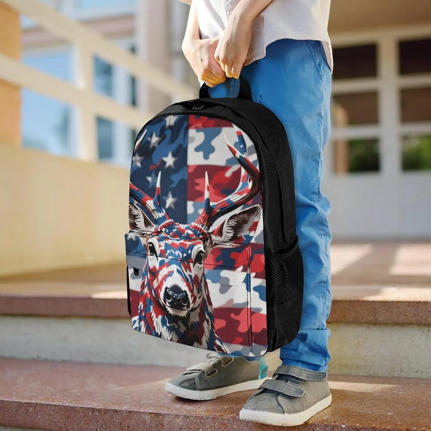 Lightweight Rucksacks for Climbing Outdoors Walking Cycling - Large Capacity Anti-Theft Multipurpose Carry On Bag, American Flag Camo Deer Camouflage Art Camping Outdoor Backpack