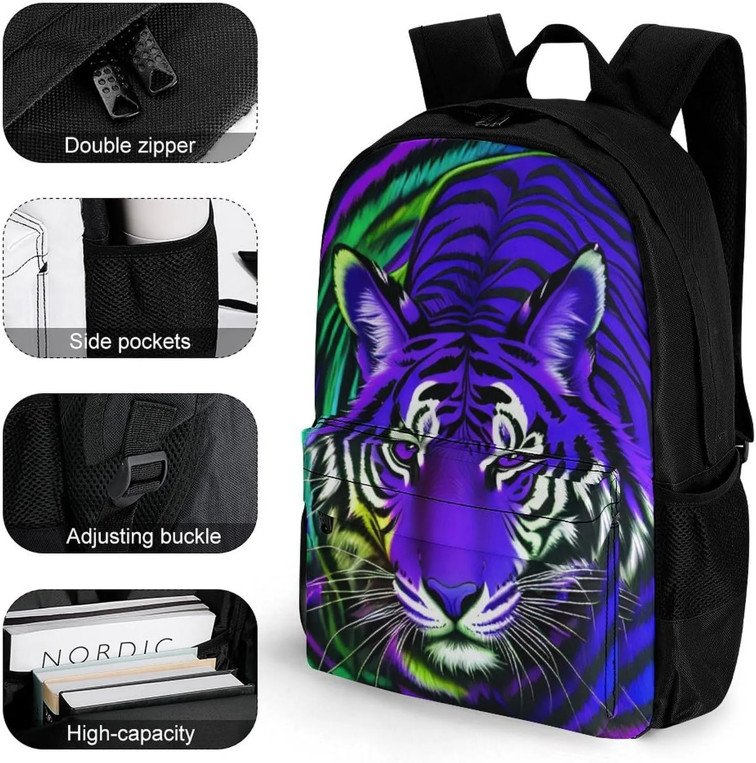 Lightweight Rucksacks for Climbing Outdoors Walking Cycling - Large Capacity Anti-Theft Multipurpose Carry On Bag, Trippy Blue Tiger Animal Art Camping Outdoor Backpack