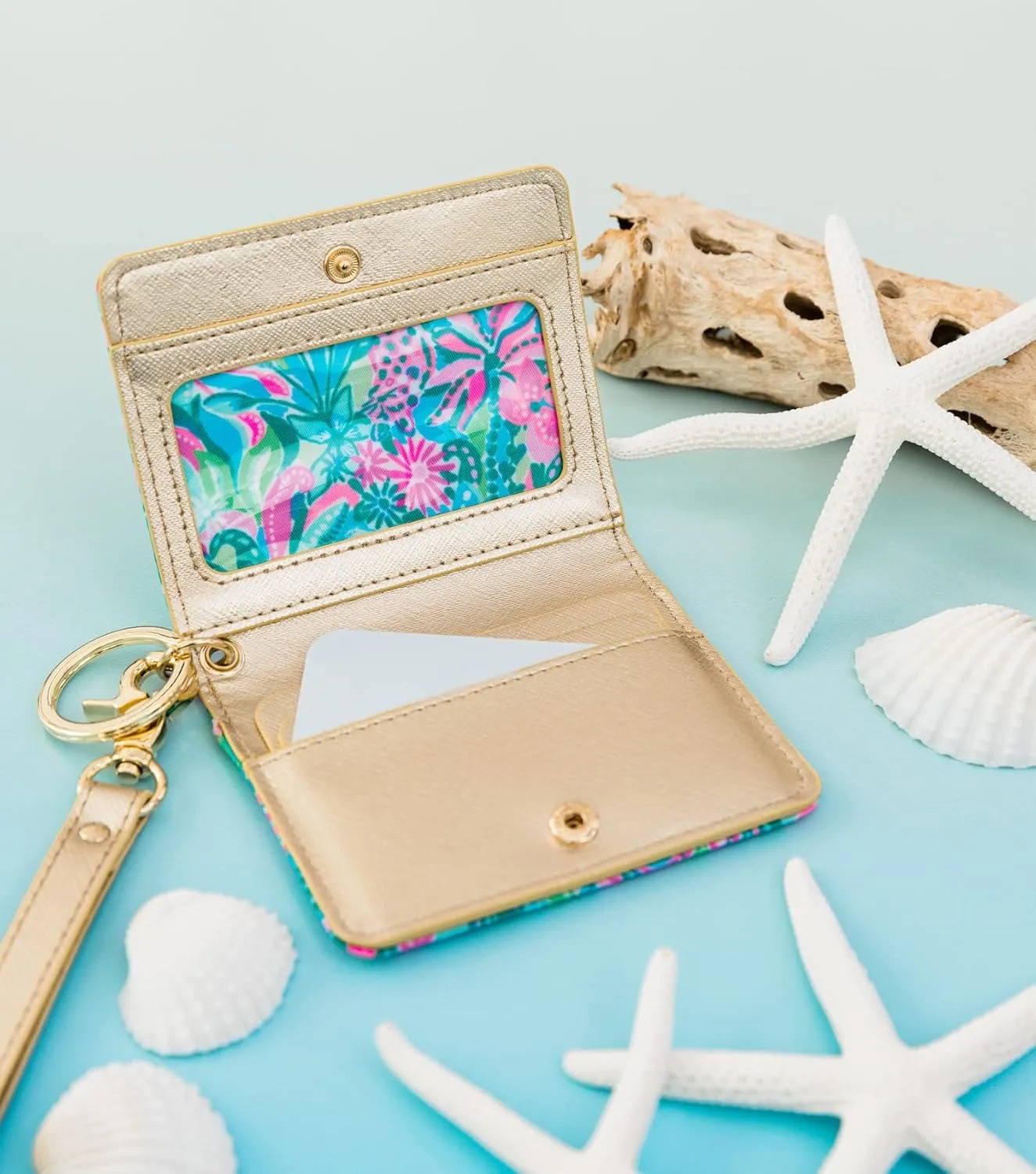 Lilly Pulitzer Snap ID Card Case, Cute Blue Keychain Wallet, Slim Credit Card Holder with Wristlet Strap, Golden Hour