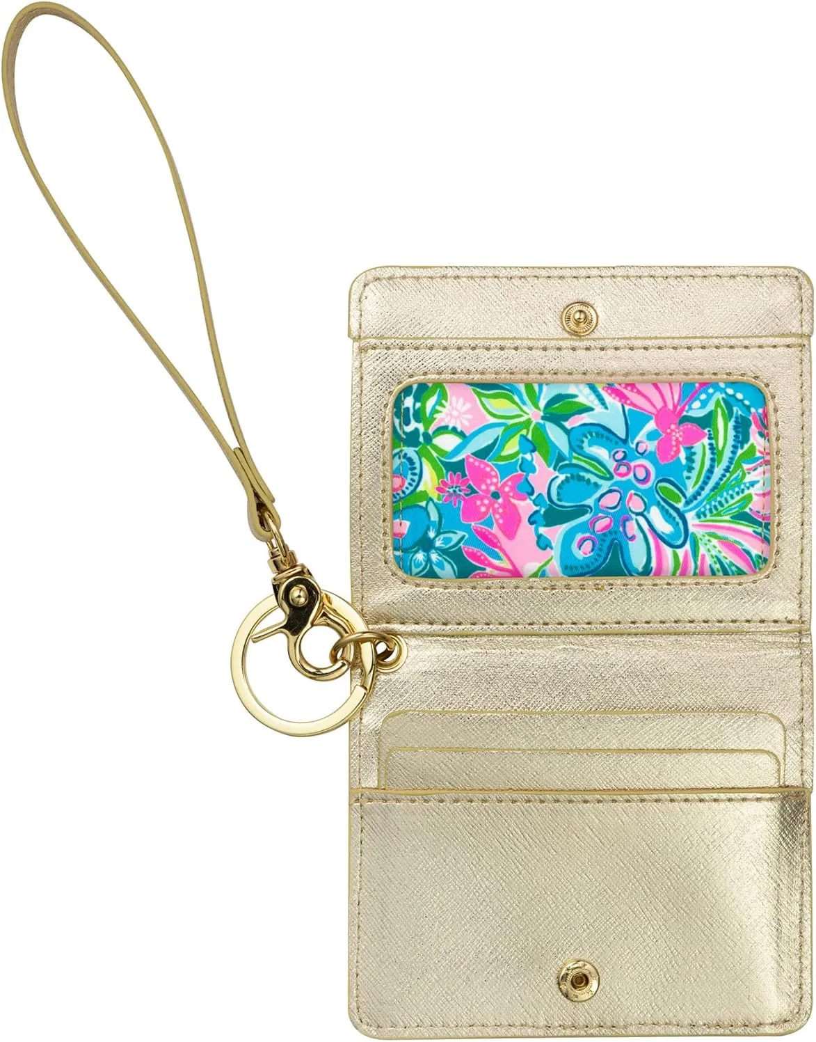 Lilly Pulitzer Snap ID Card Case, Cute Blue Keychain Wallet, Slim Credit Card Holder with Wristlet Strap, Golden Hour