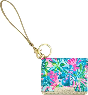 Lilly Pulitzer Snap ID Card Case, Cute Blue Keychain Wallet, Slim Credit Card Holder with Wristlet Strap, Golden Hour