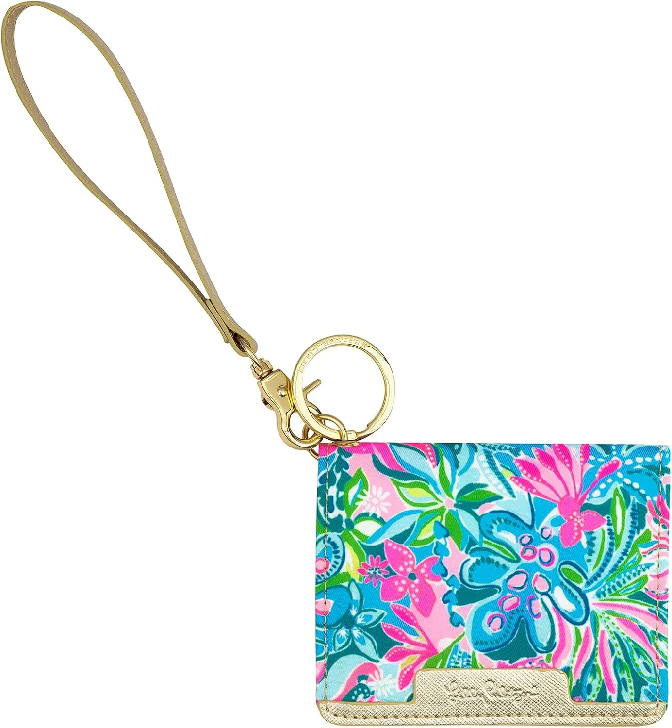 Lilly Pulitzer Snap ID Card Case, Cute Blue Keychain Wallet, Slim Credit Card Holder with Wristlet Strap, Golden Hour