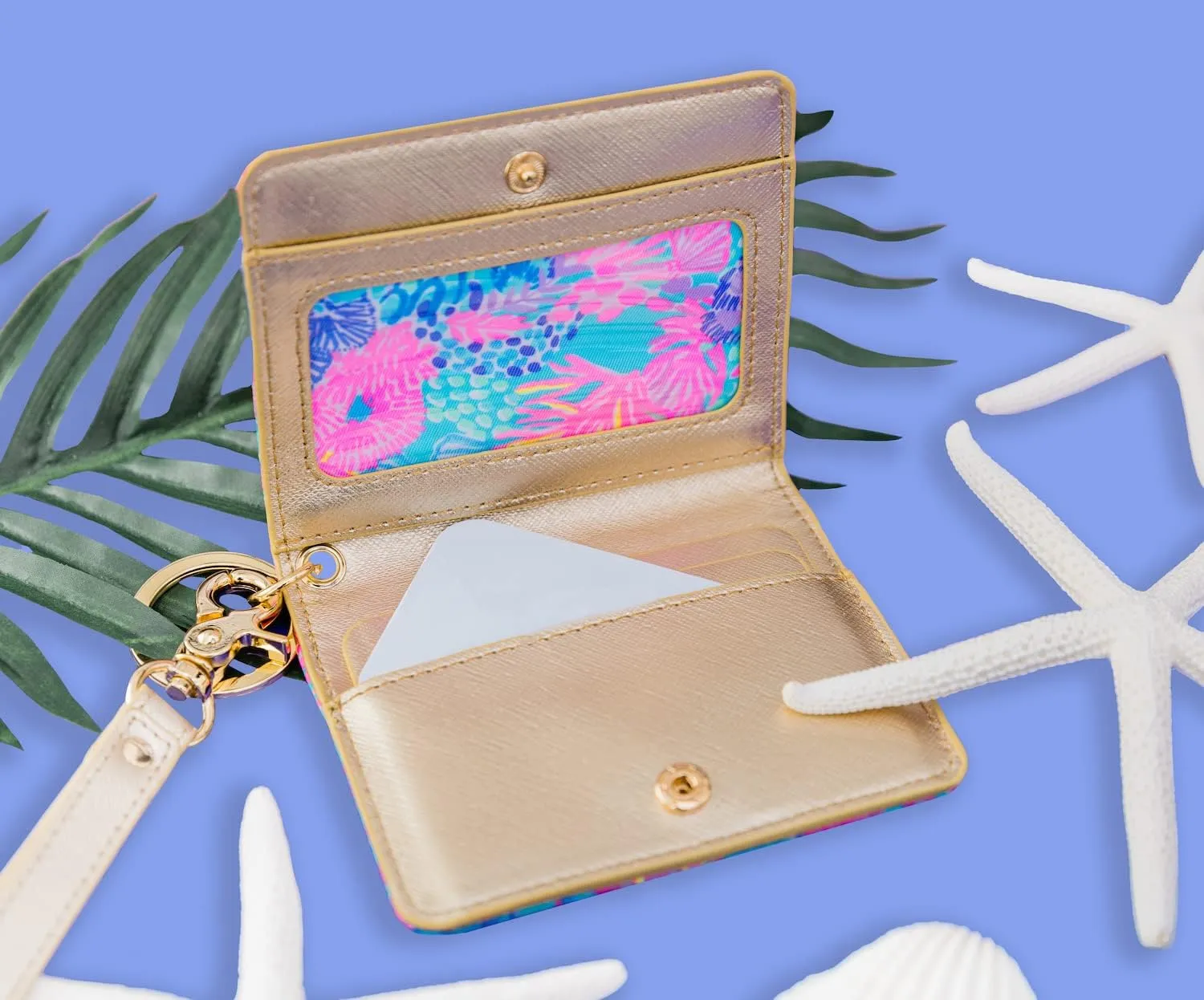 Lilly Pulitzer Snap ID Card Case, Cute Keychain Wallet, Slim Credit Card Holder with Wristlet Strap, Splendor in the Sand