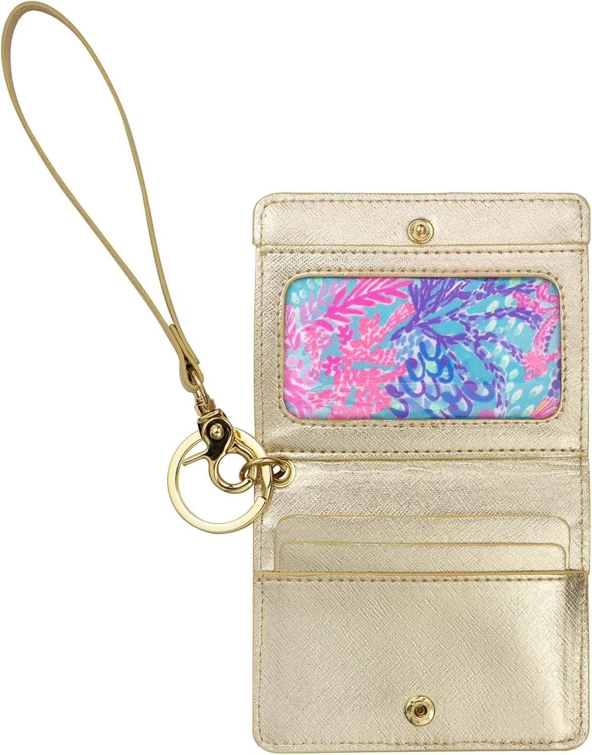 Lilly Pulitzer Snap ID Card Case, Cute Keychain Wallet, Slim Credit Card Holder with Wristlet Strap, Splendor in the Sand